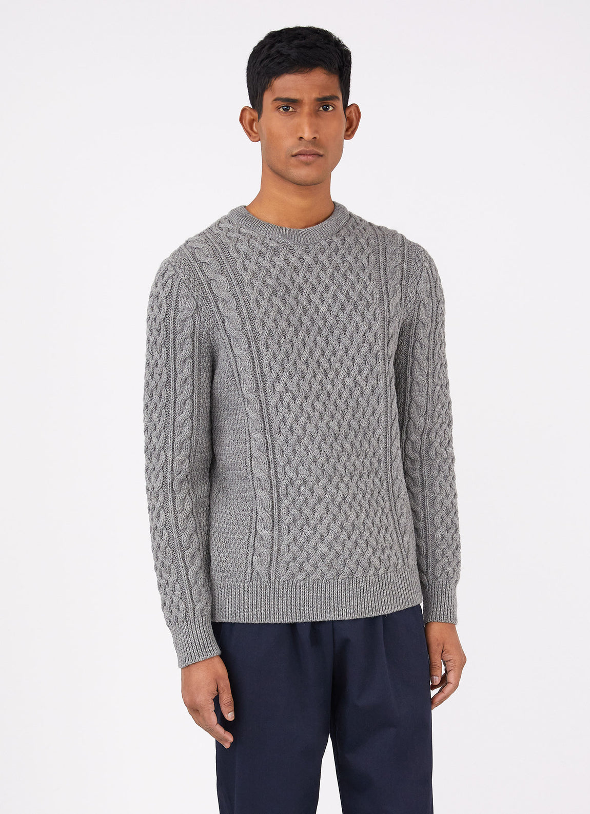 Men's Merino Cable Jumper in Grey Melange