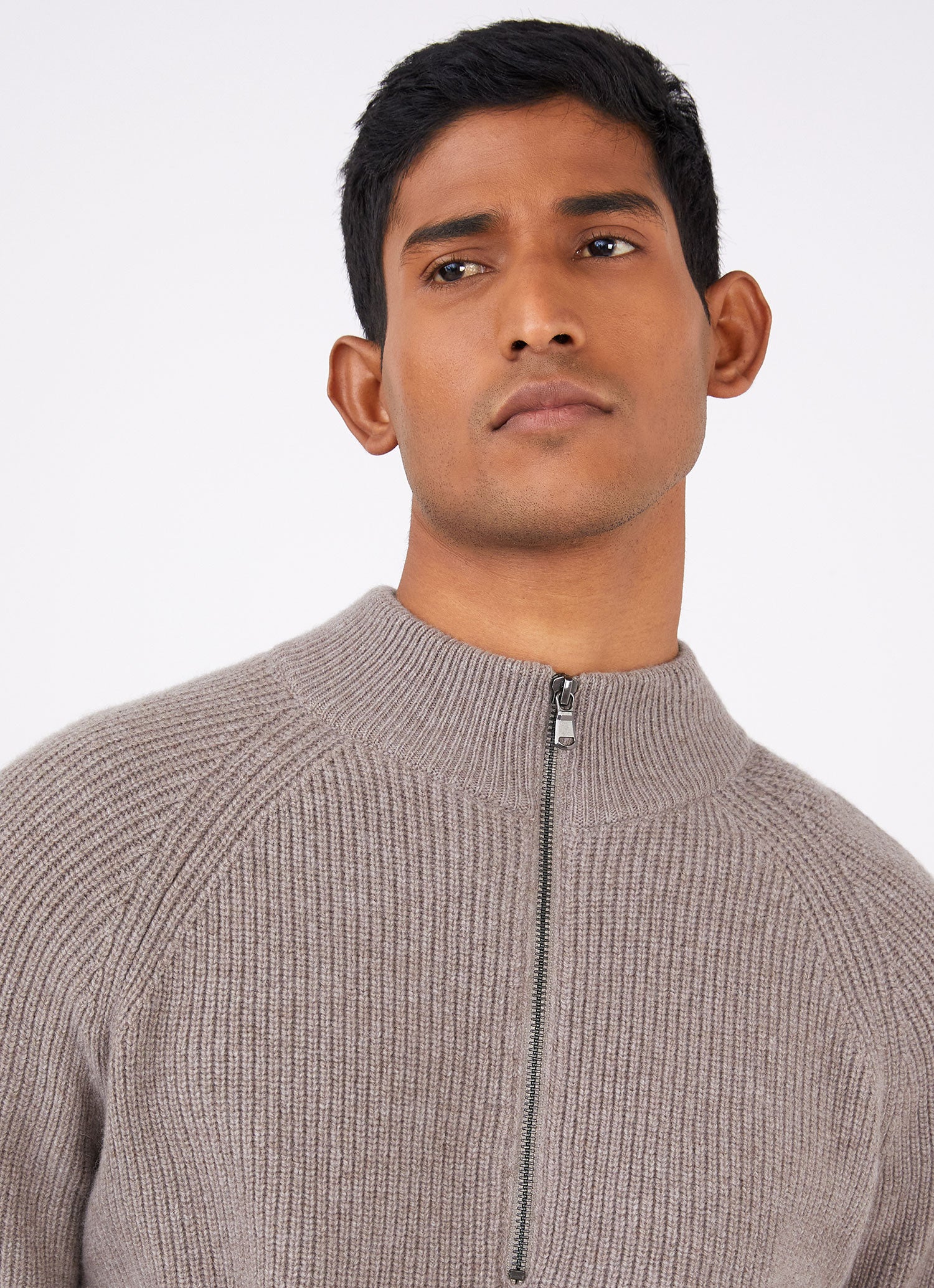 Men's Lambswool Cashmere Zip Neck Jumper in Oatmeal Melange