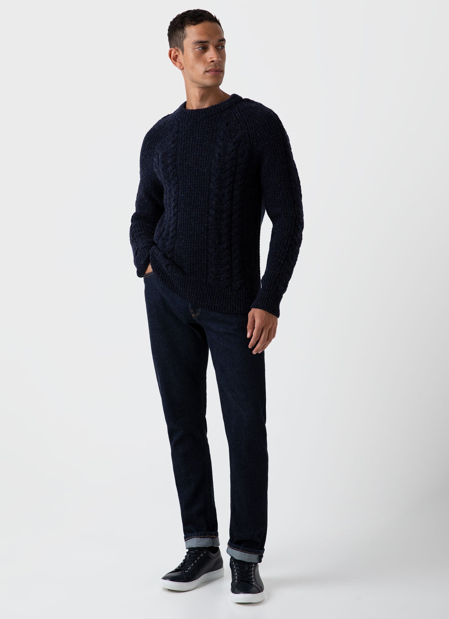 Men's Textured Donegal Jumper in Navy Donegal