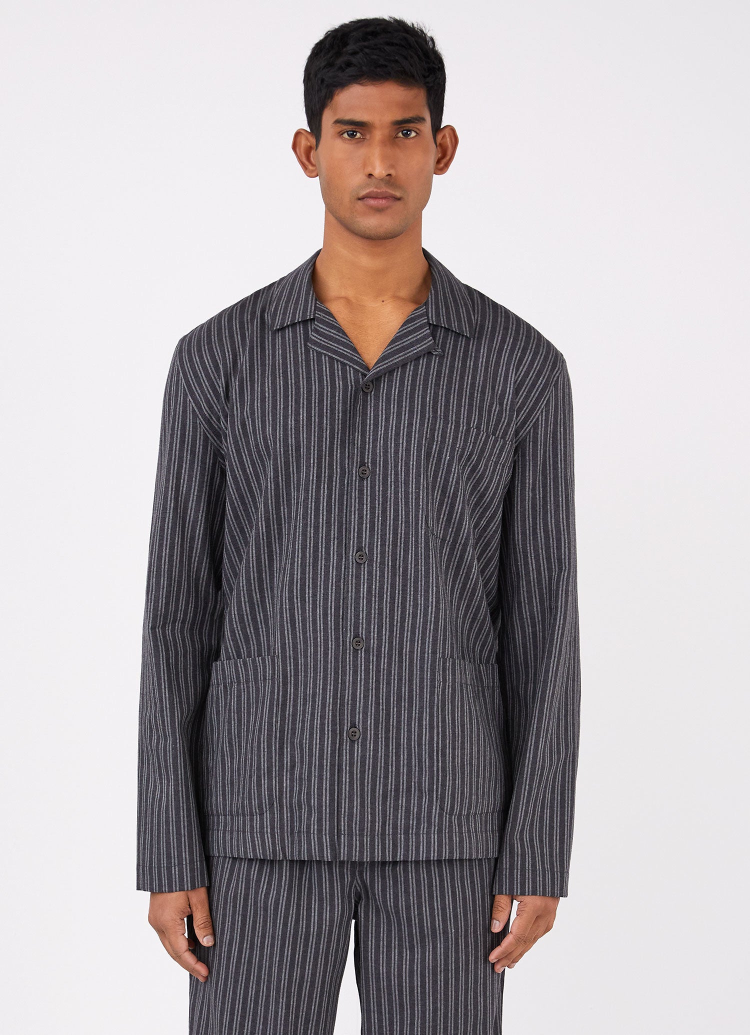 Men's Cotton Flannel Pyjama Shirt in Charcoal/Mid Grey Stripe