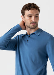 Men's Long Sleeve Sea Island Cotton Knit Polo Shirt in Bluestone