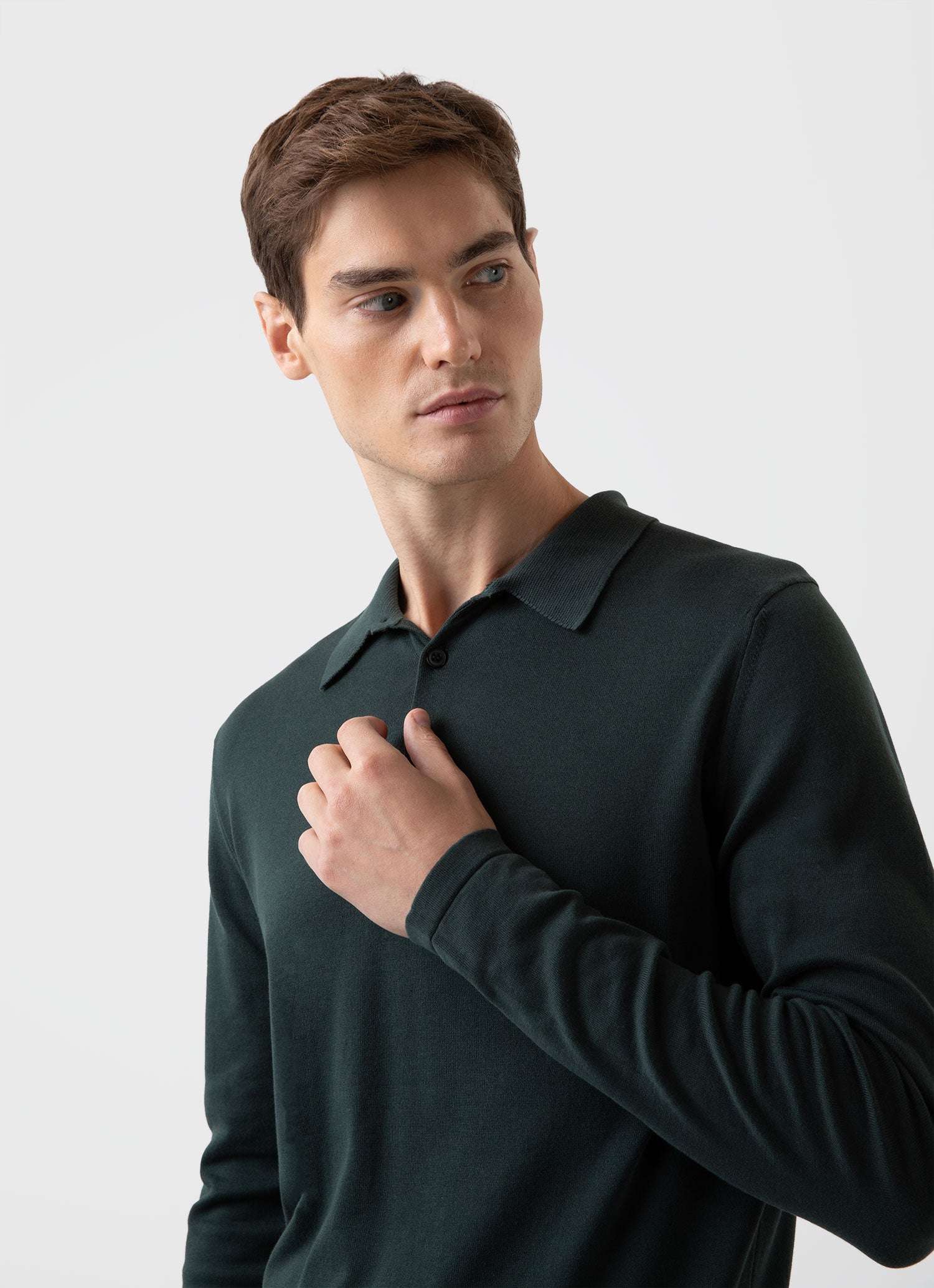 Men's Long Sleeve Sea Island Cotton Knit Polo Shirt in Seaweed