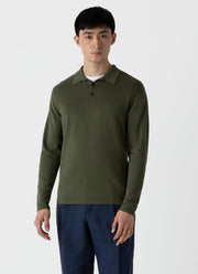 Men's Long Sleeve Sea Island Cotton Knit Polo Shirt in Hunter Green