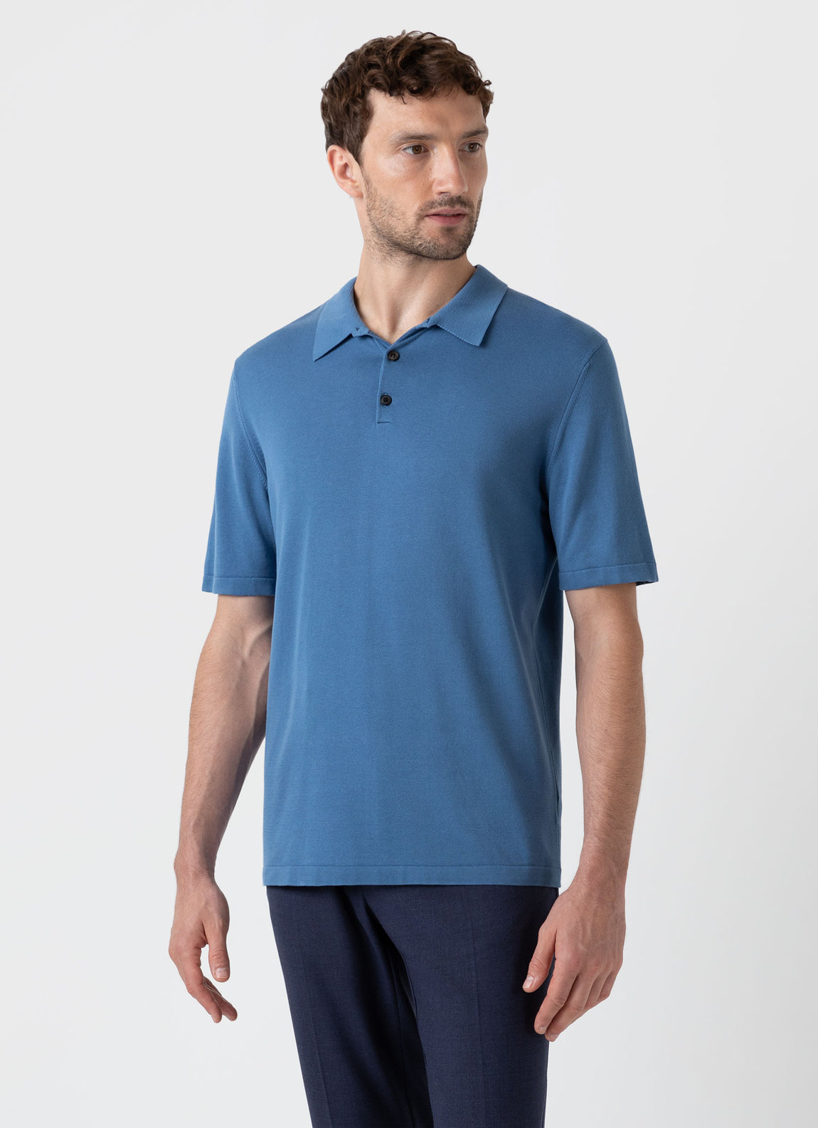 Men's Sea Island Cotton Knit Polo Shirt in Bluestone