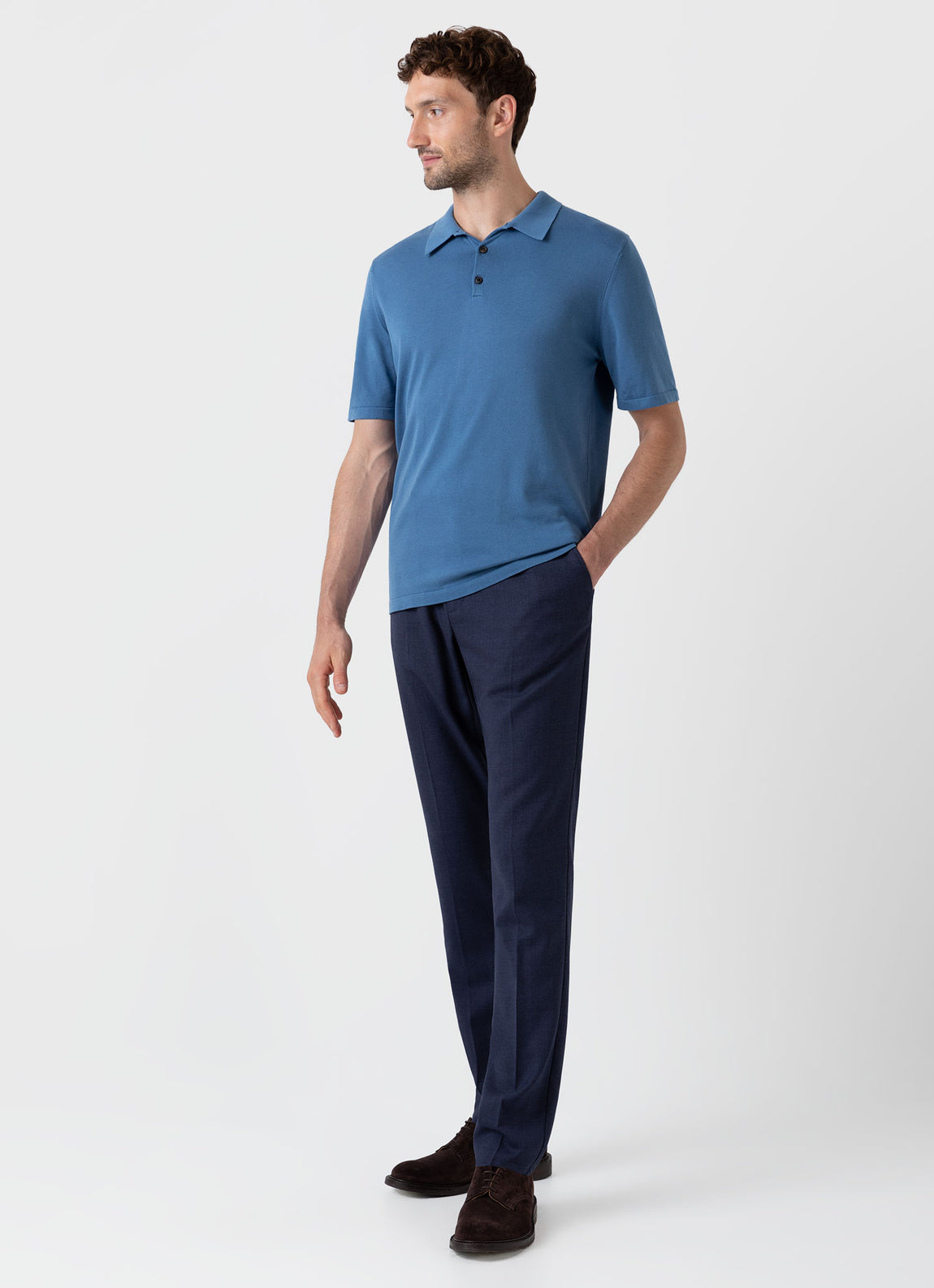 Men's Sea Island Cotton Knit Polo Shirt in Bluestone