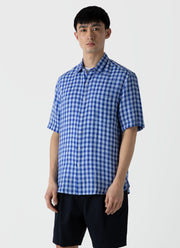 Men's Short Sleeve Linen Shirt in Blue Gingham