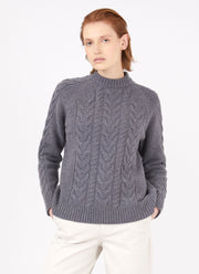 Women's Cable Crew Neck Jumper in Mid Grey Melange