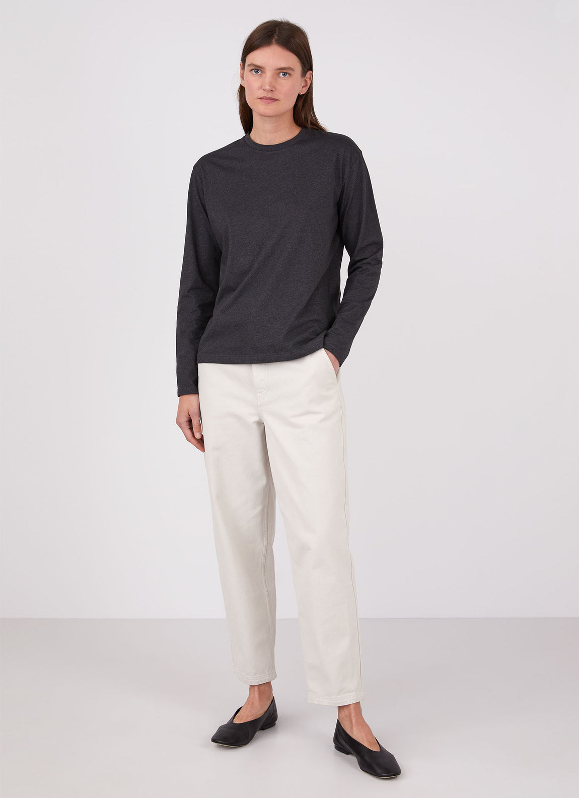 Women's Long Sleeve Boy Fit T-shirt in Charcoal Melange