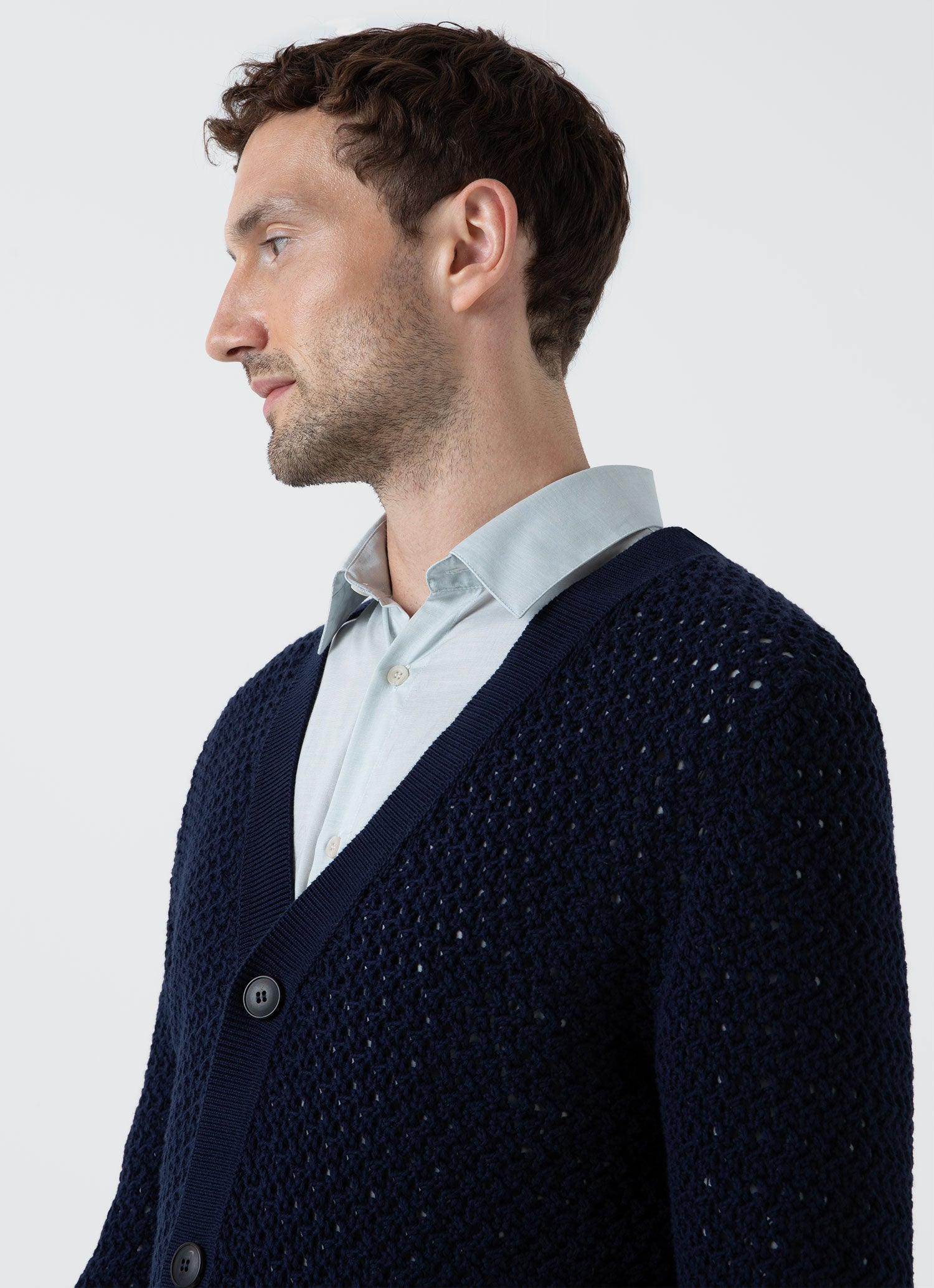 SUNSEA Can badge ’s Cardigan 22ss Men's Open Stitch Cardigan in Navy | Sunspel