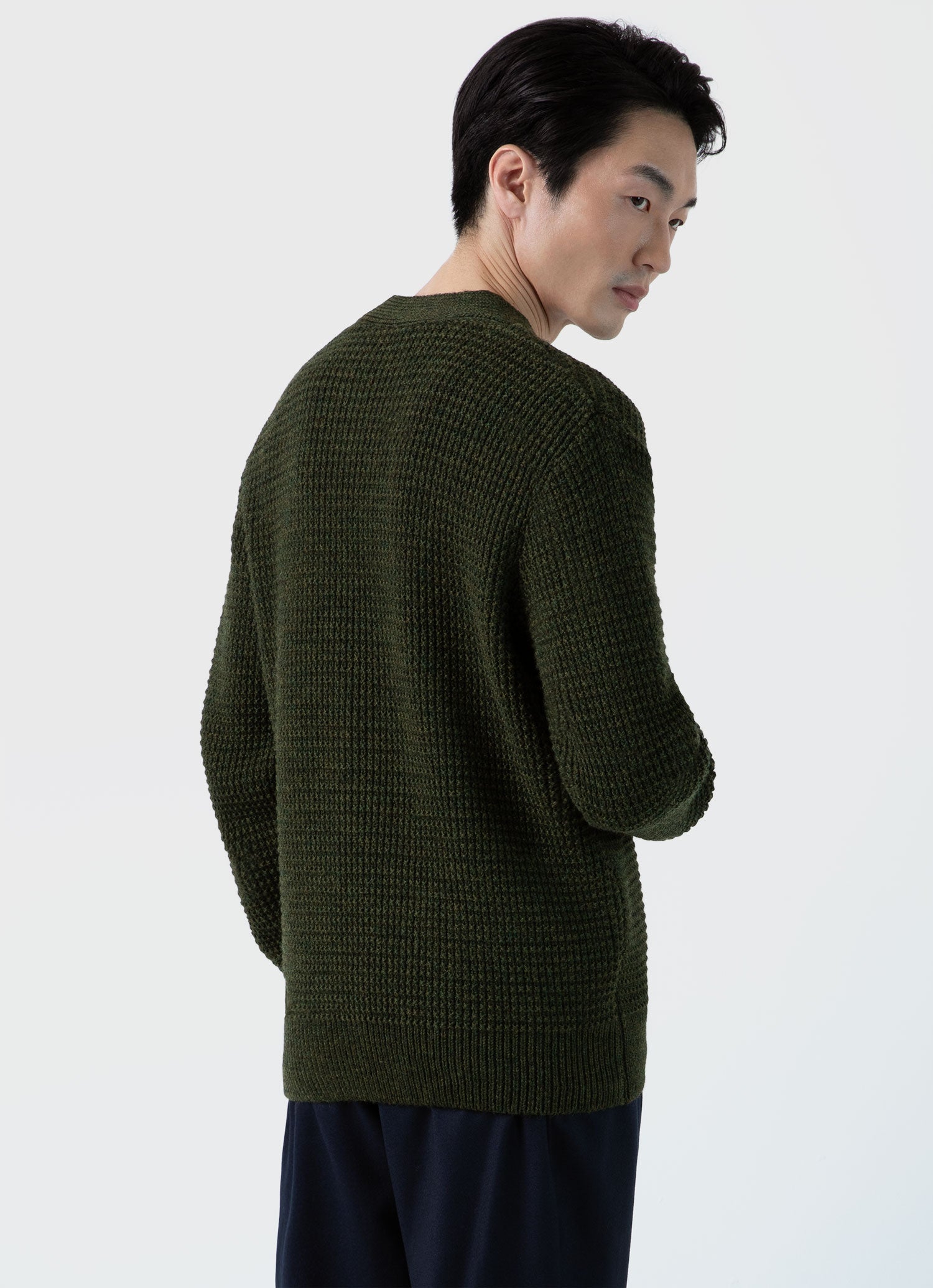 Men's Fisherman Cardigan in Dark Olive Sunspel