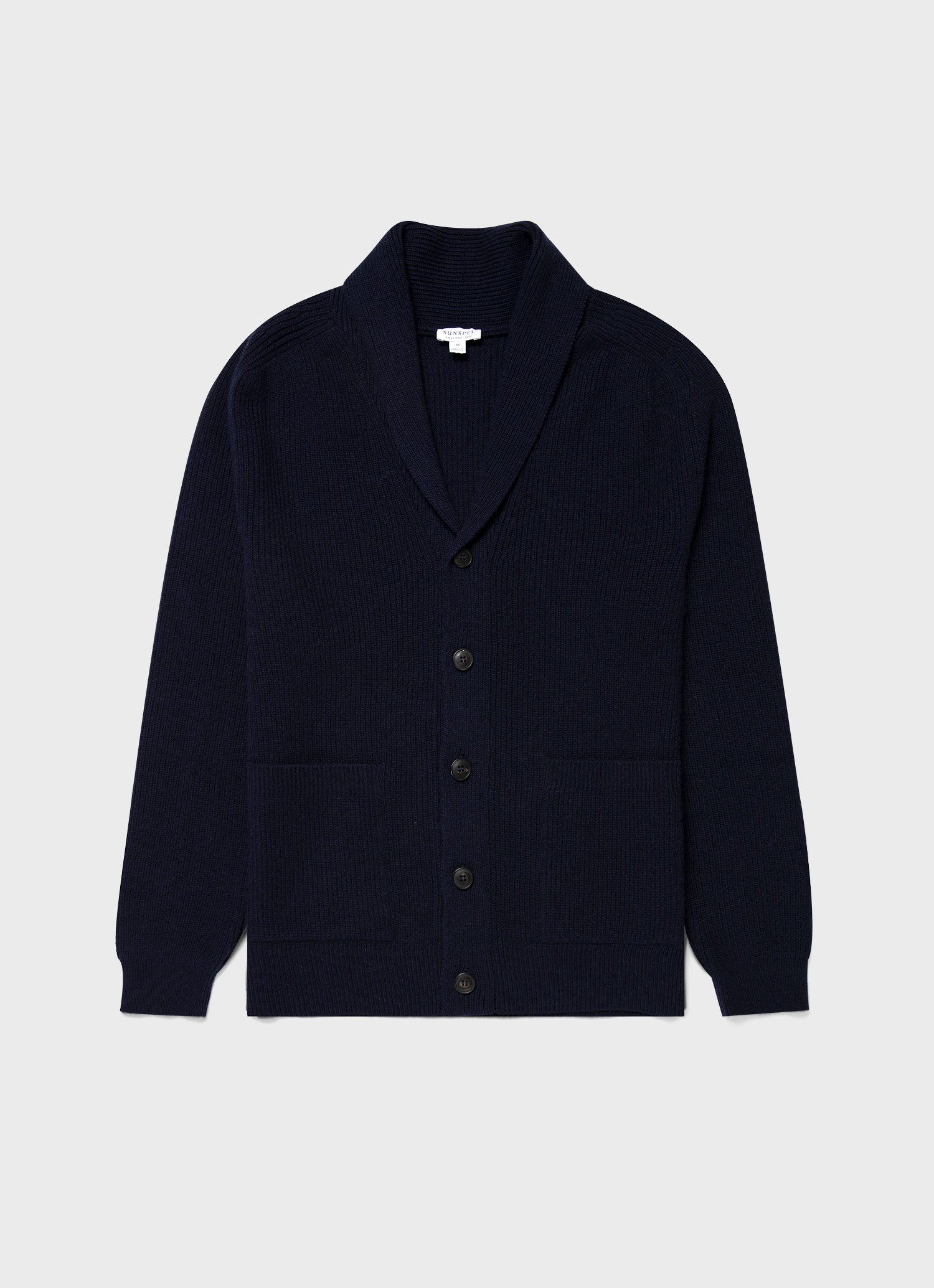 Sunspel Men s Shawl Neck Cardigan in Navy Made from Lambswool Cashmere Blend Smooth Soft Texture Durable and Comfortable 5 Button Fastening