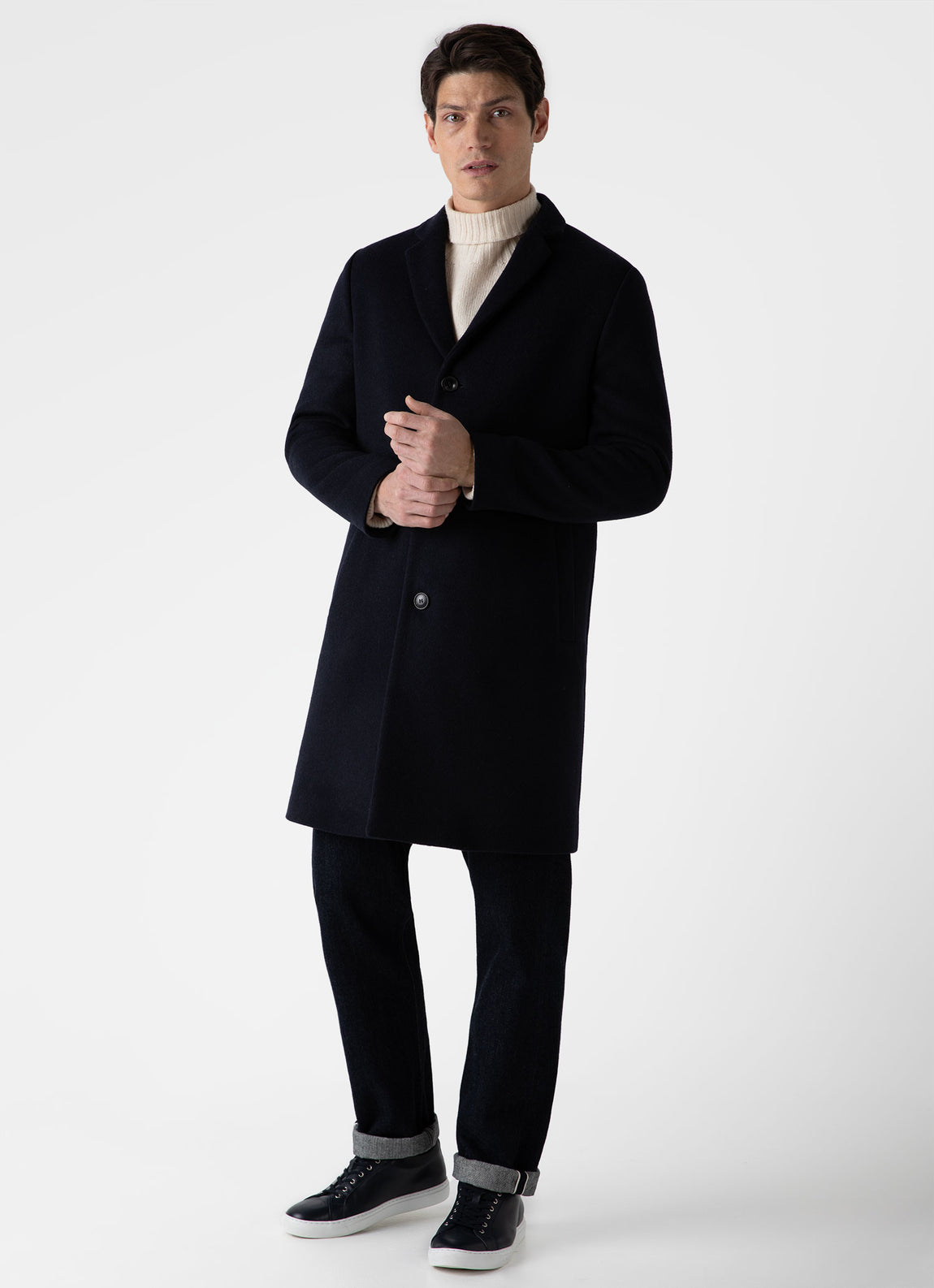 Men's Wool Cashmere Overcoat in Navy | Sunspel