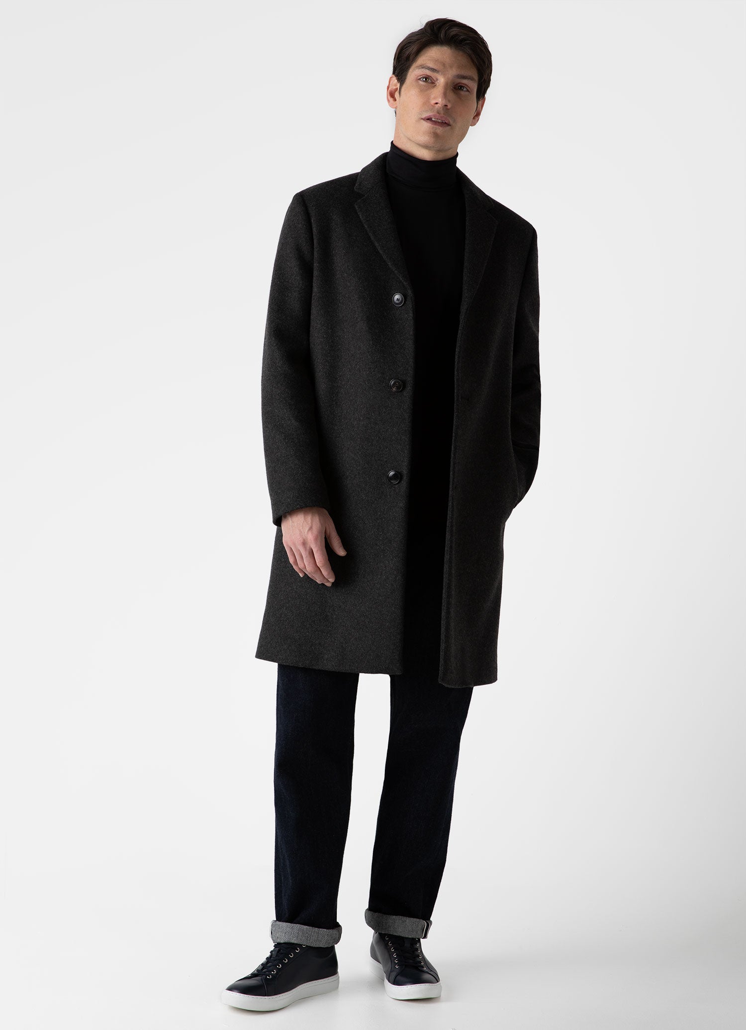 Men's Wool Cashmere Overcoat in Charcoal Melange | Sunspel