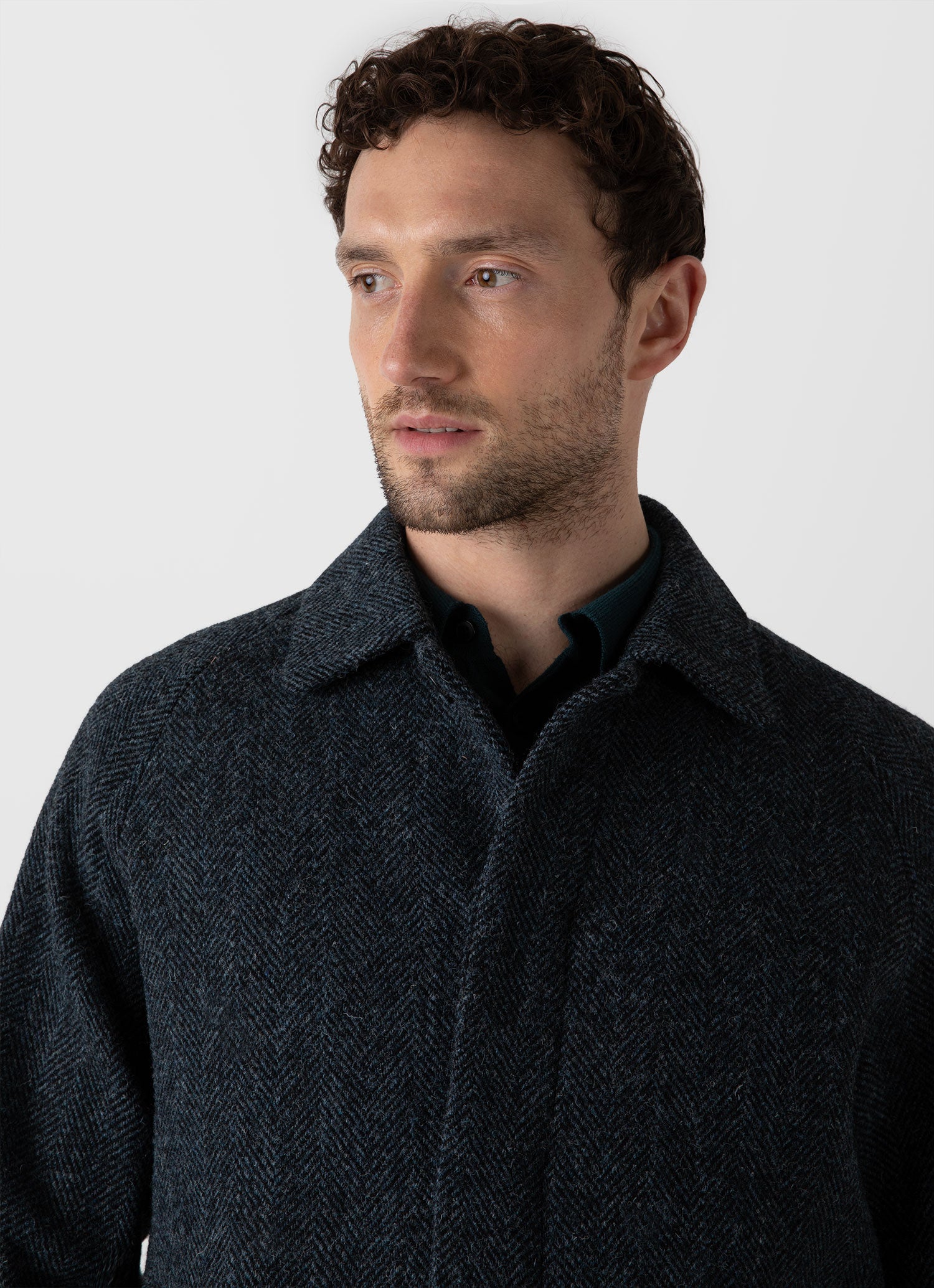 Men's Harris Tweed Car Coat in Blue Herringbone Sunspel