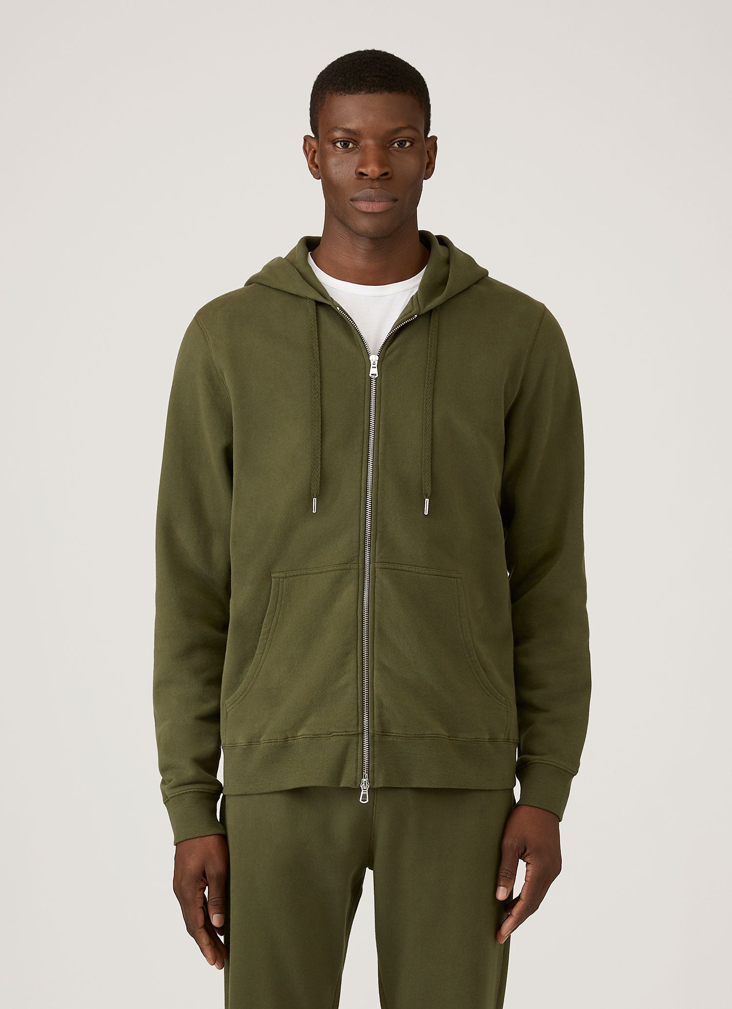 Men's Loopback Zip Hoodie in Deep Olive | Sunspel