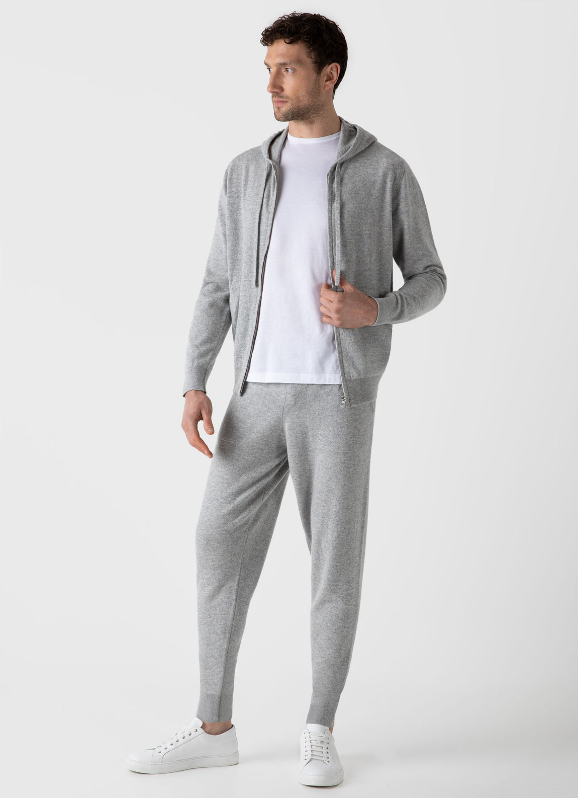 Men's Cashmere Zip Hoody in Grey Melange | Sunspel