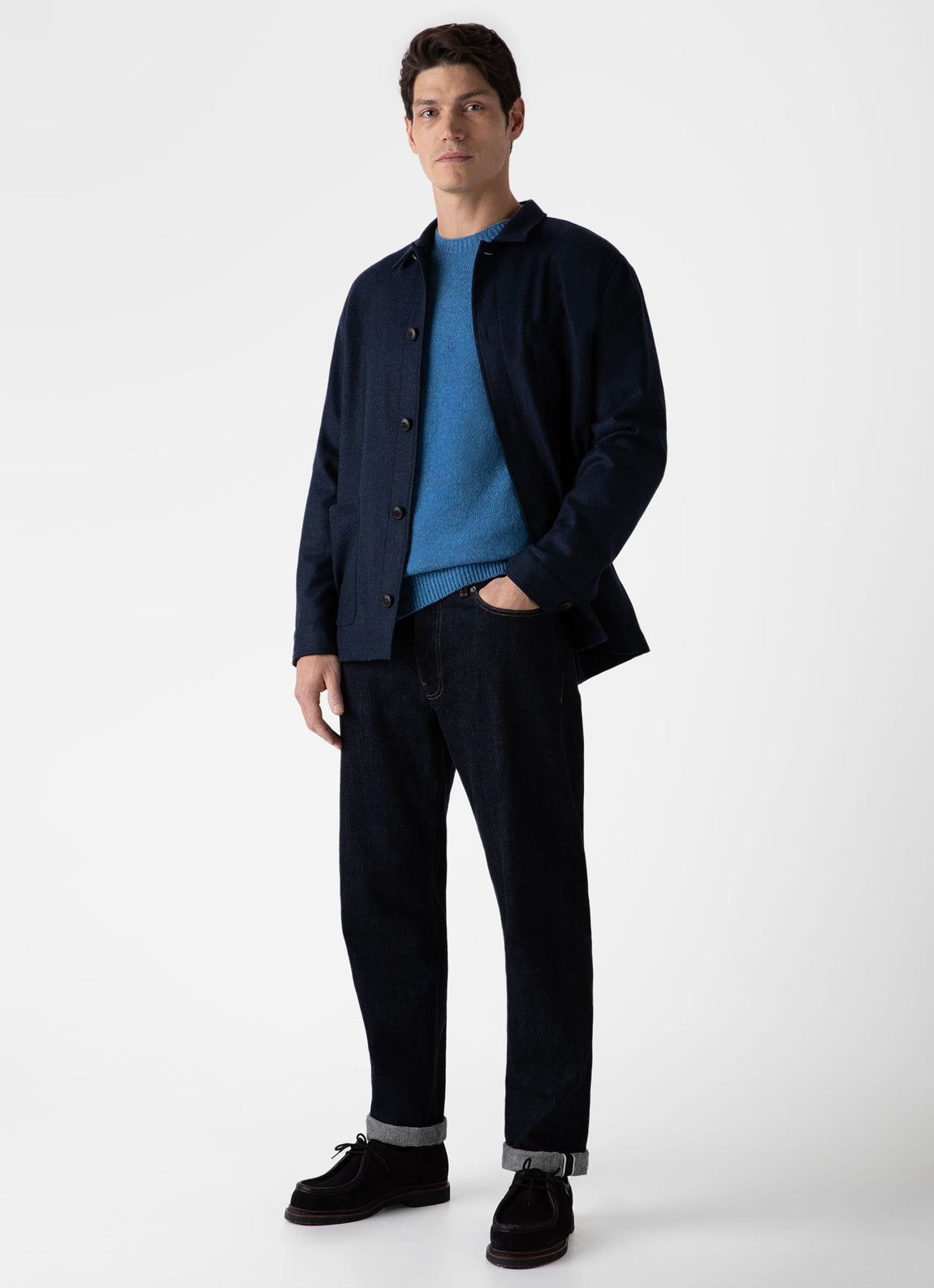 Men's Wool Twin Pocket Jacket in Light Navy Melange | Sunspel