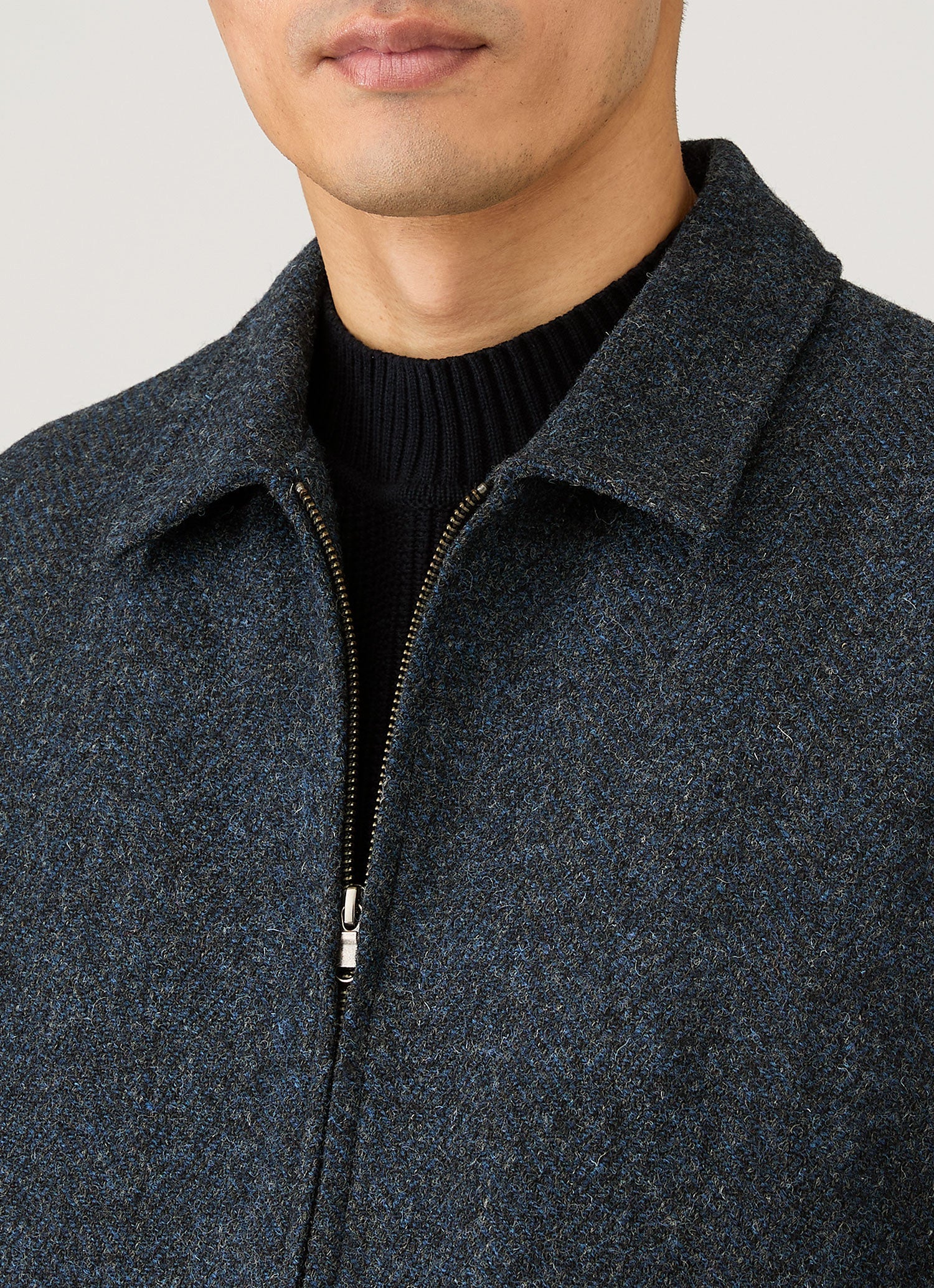 Men's Harris Tweed Harrington Jacket in Blue Herringbone