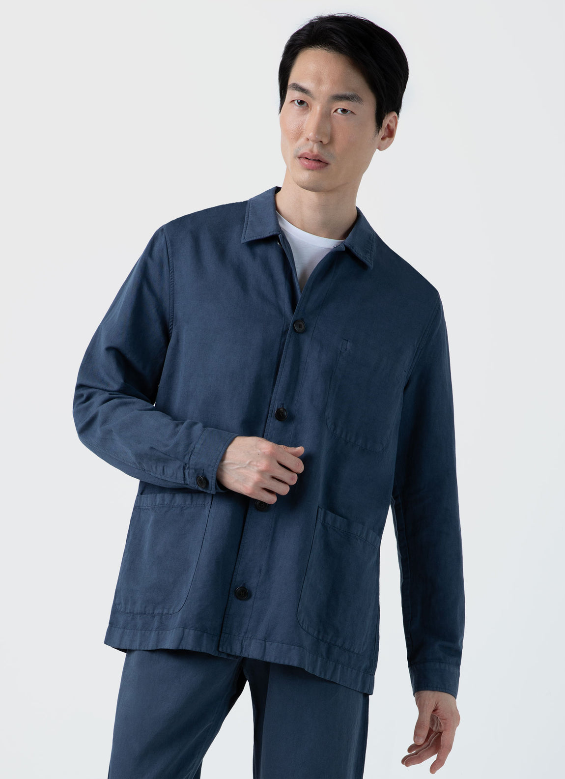 Men's Cotton Linen Twin Pocket Jacket in Shale Blue | Sunspel