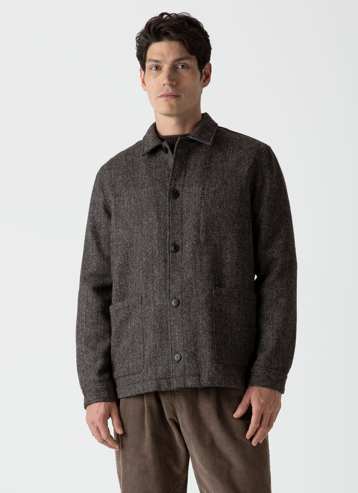 Men's British Wool Twin Pocket Jacket in Brown Herringbone | Sunspel
