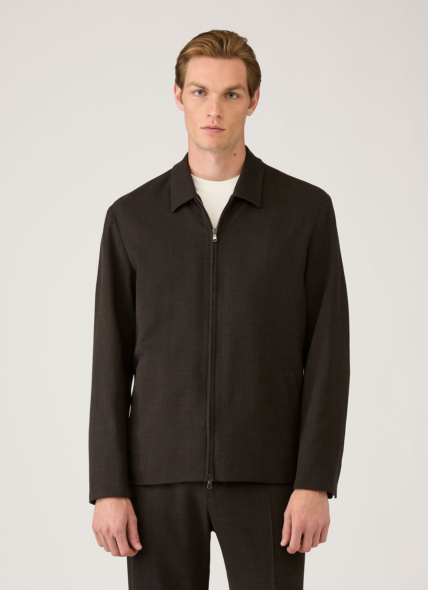 Men's Light Textured Wool Harrington Jacket in Truffle | Sunspel