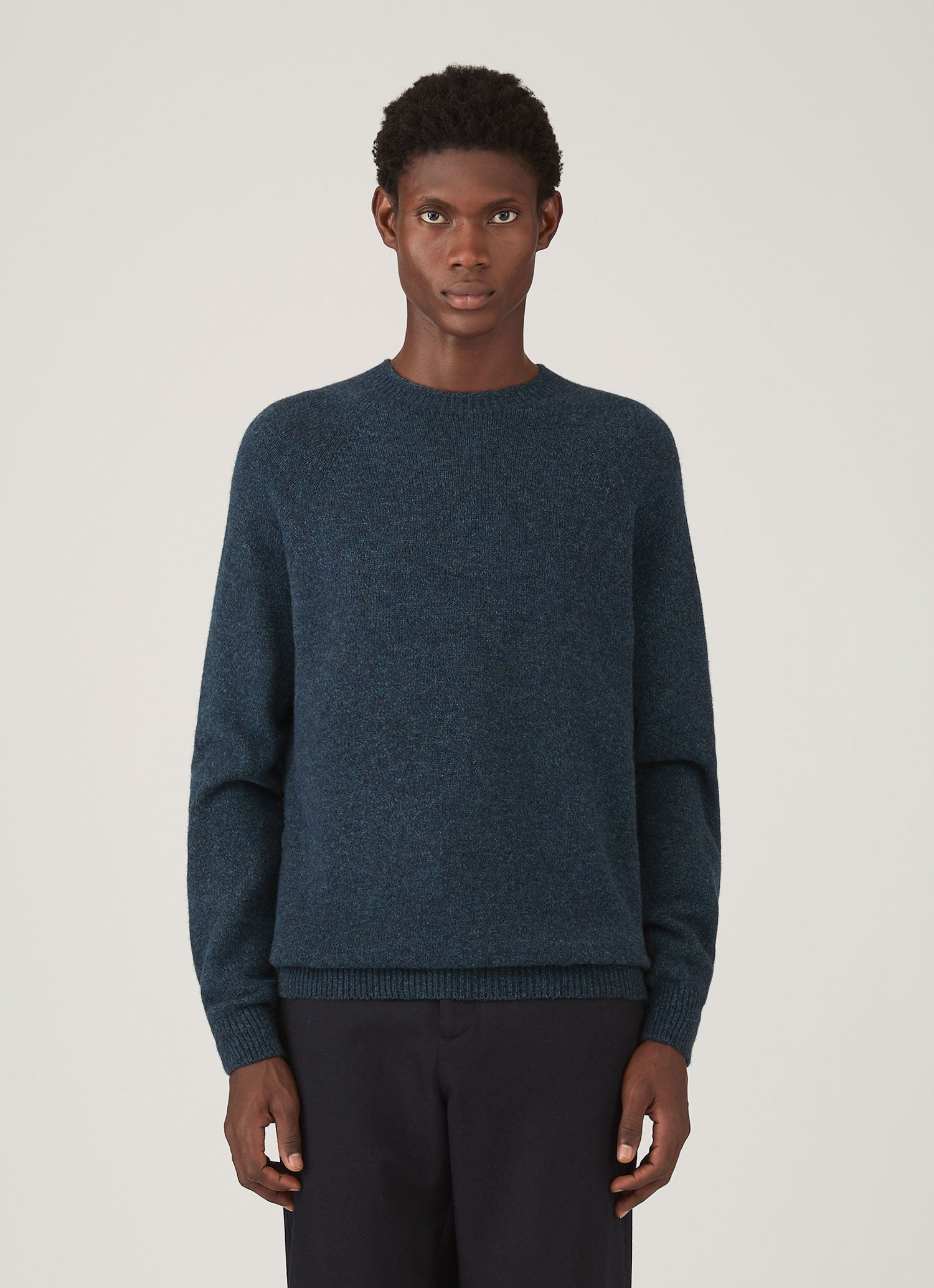 Men's Lambswool Crew Neck Jumper in Dark Petrol Twist | Sunspel