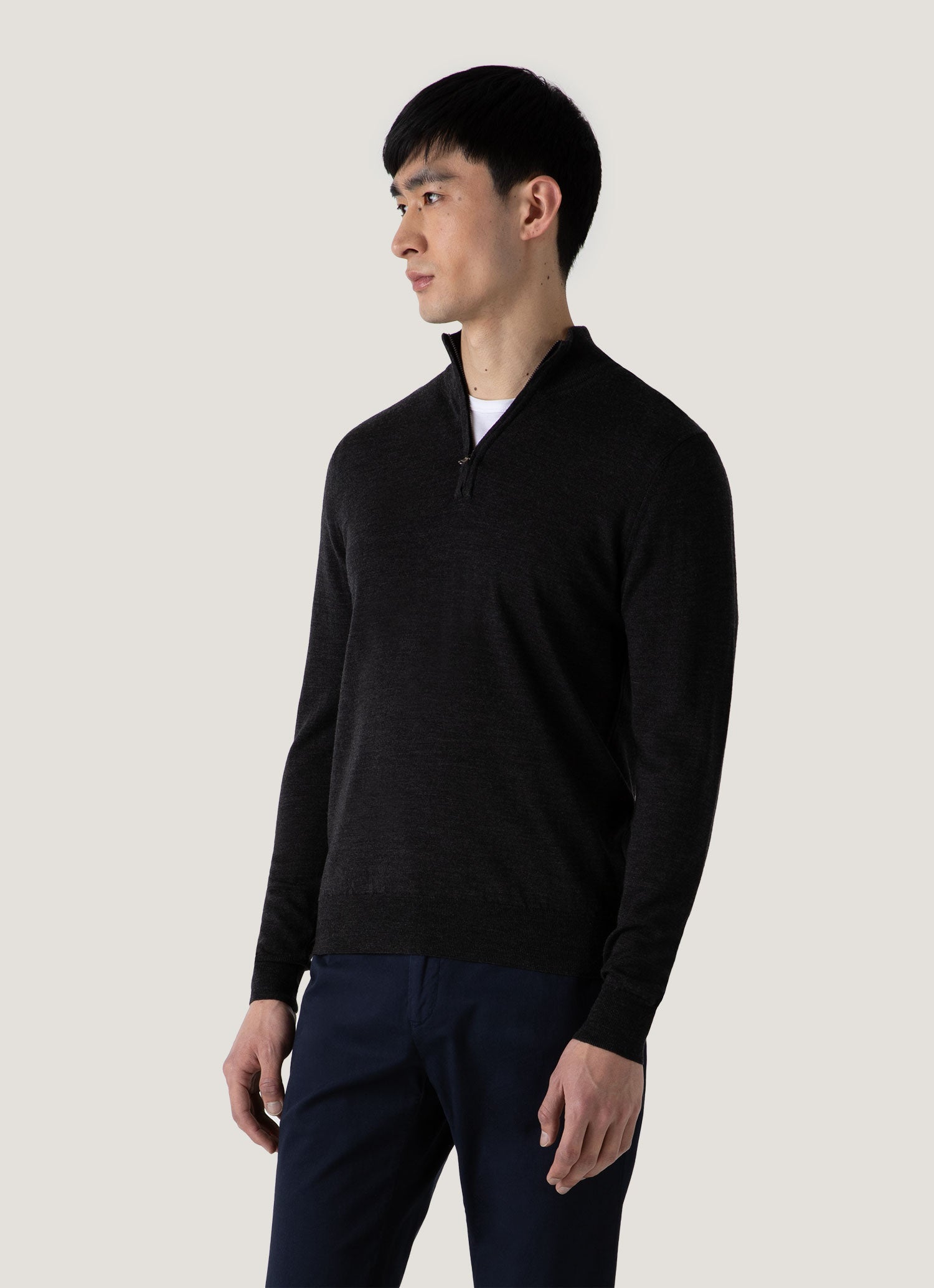 Men's Extra-Fine Merino Zip Neck in Charcoal Melange | Sunspel