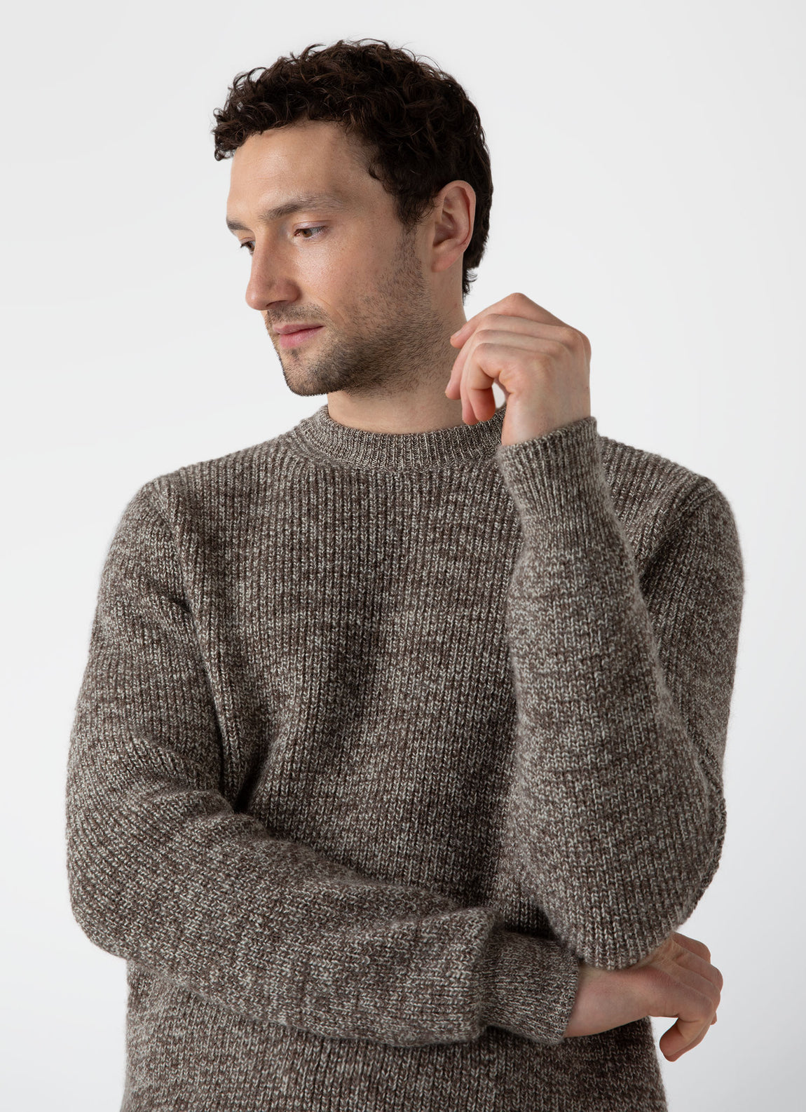 Men's Luxury British Wool Jumper in Natural Ecru/Brown Twist | Sunspel