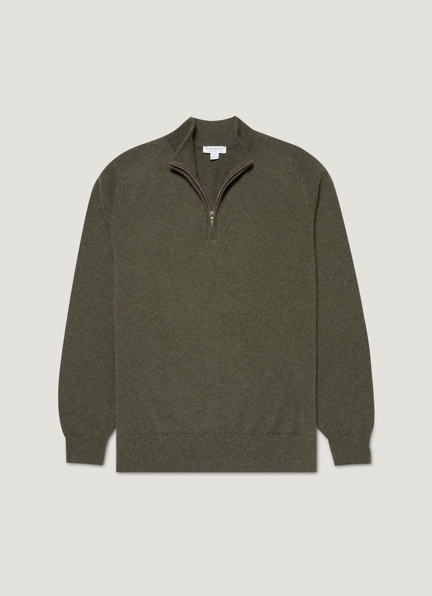 Men's Cashmere Half Zip Jumper in Khaki | Sunspel