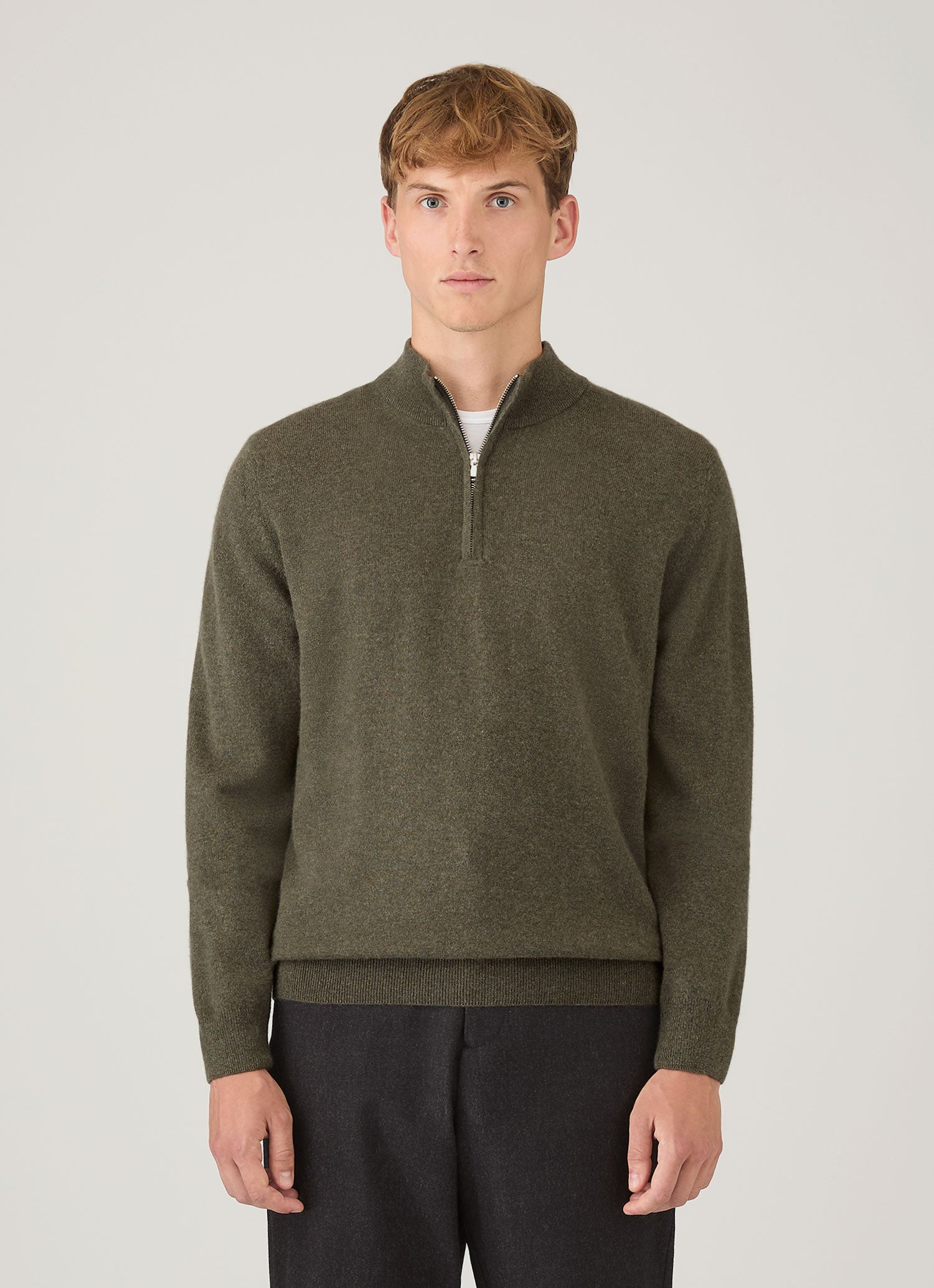 Men's Cashmere Half Zip Jumper in Khaki | Sunspel