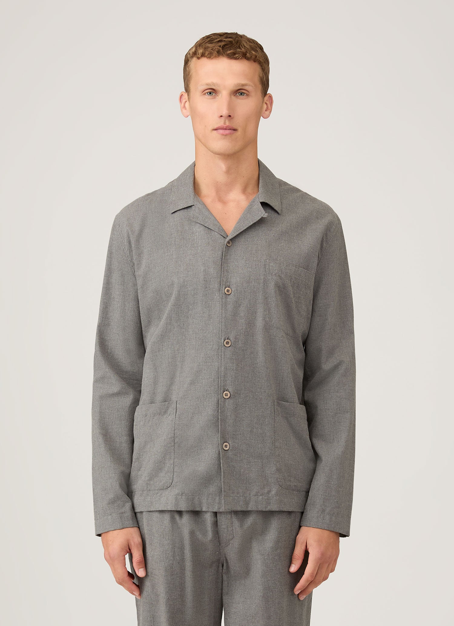 SUNSEA 20ss pajama stripe shirt 【グレー】 Men's Cotton Flannel Pyjama Shirt in Mid Grey Melange | Sunspel