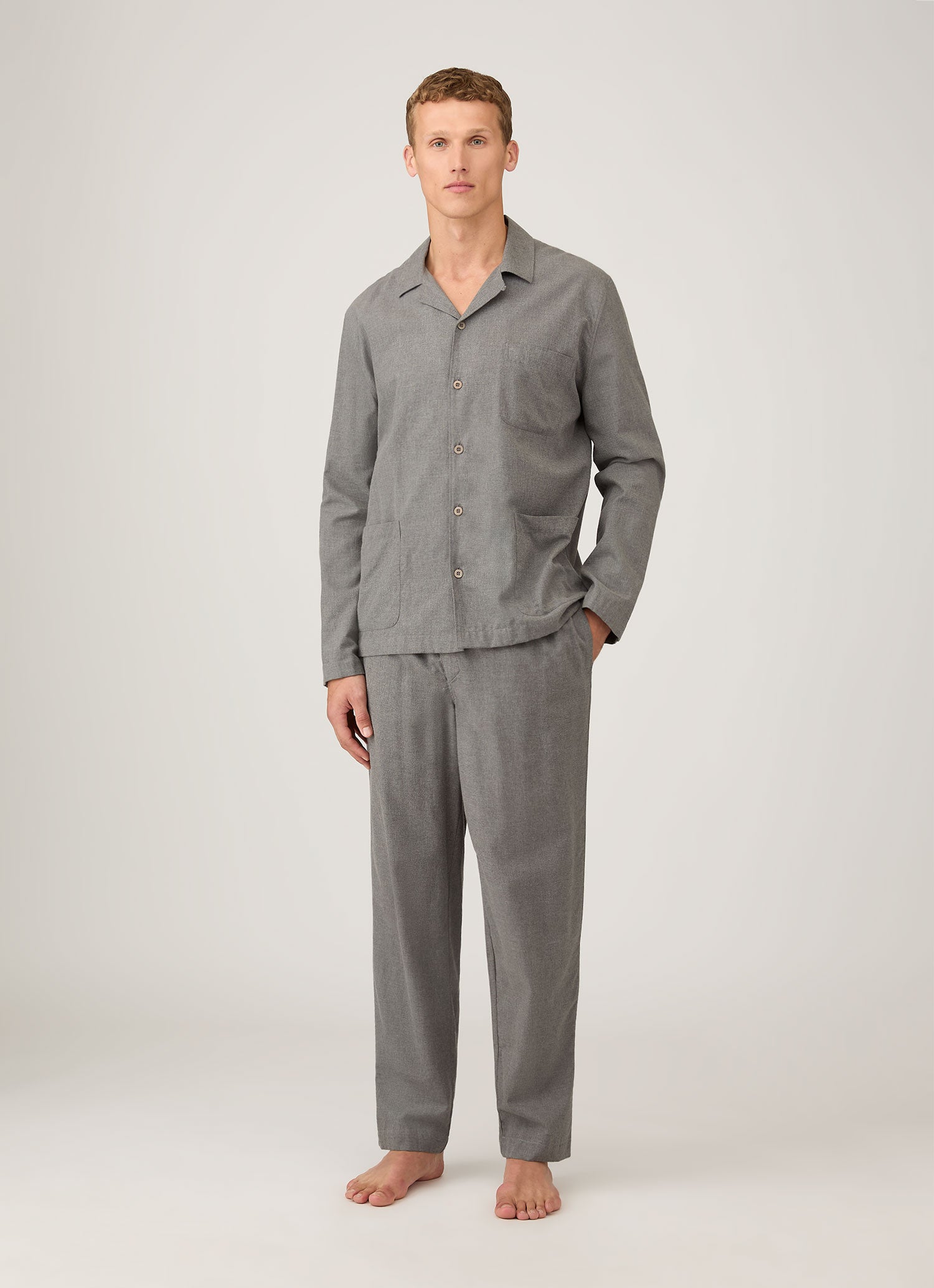 Men's Cotton Flannel Pyjama Set in Mid Grey Melange | Sunspel