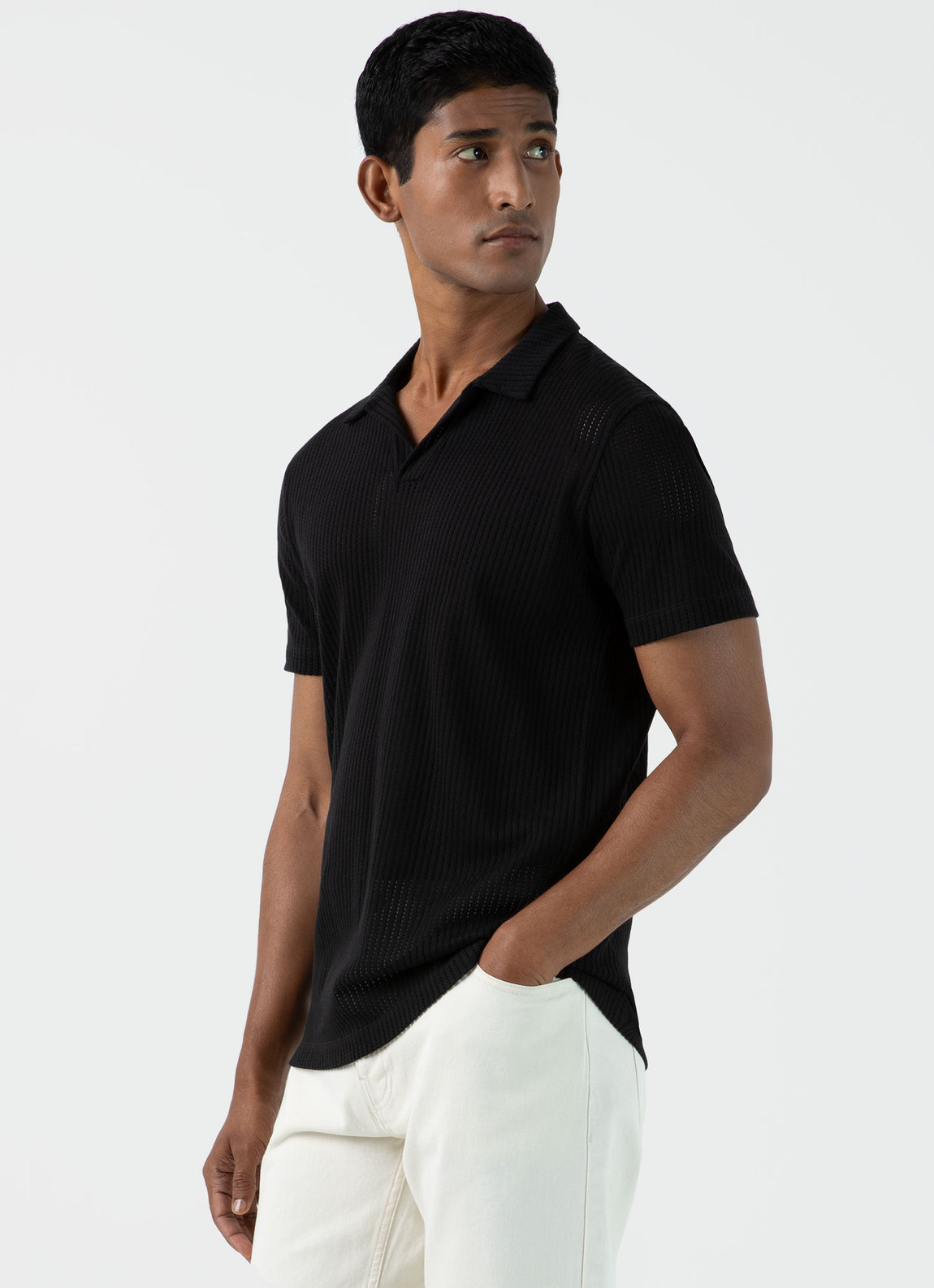 Men's Linear Mesh Polo Shirt in Black | Sunspel