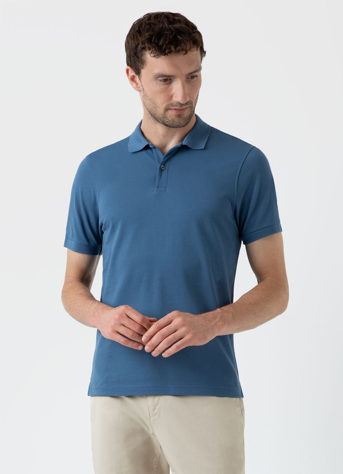 Men's Piqué Polo Shirt in Steel Blue | Sunspel
