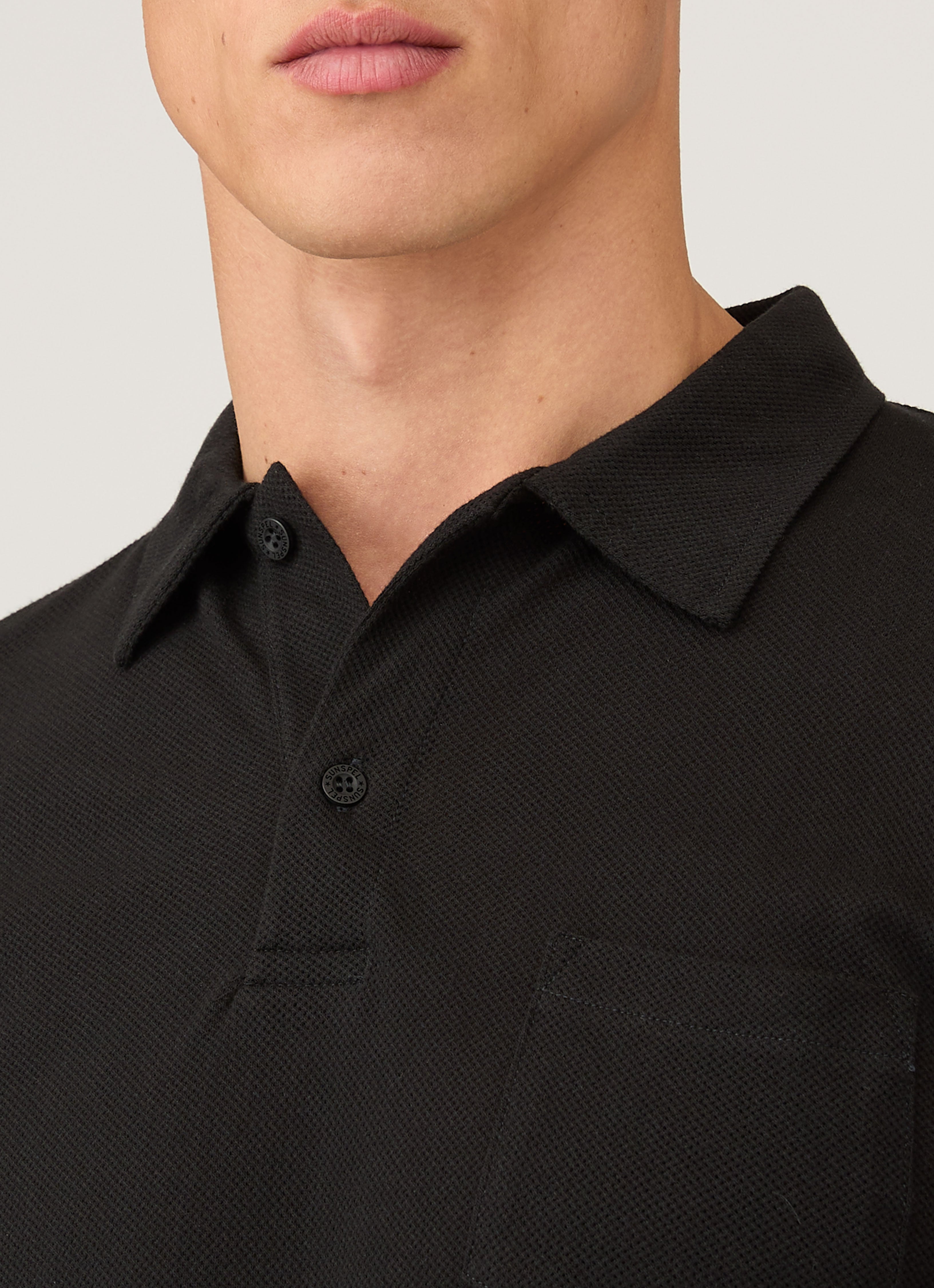 Men's Long Sleeve Riviera Polo Shirt in Black | Sunspel