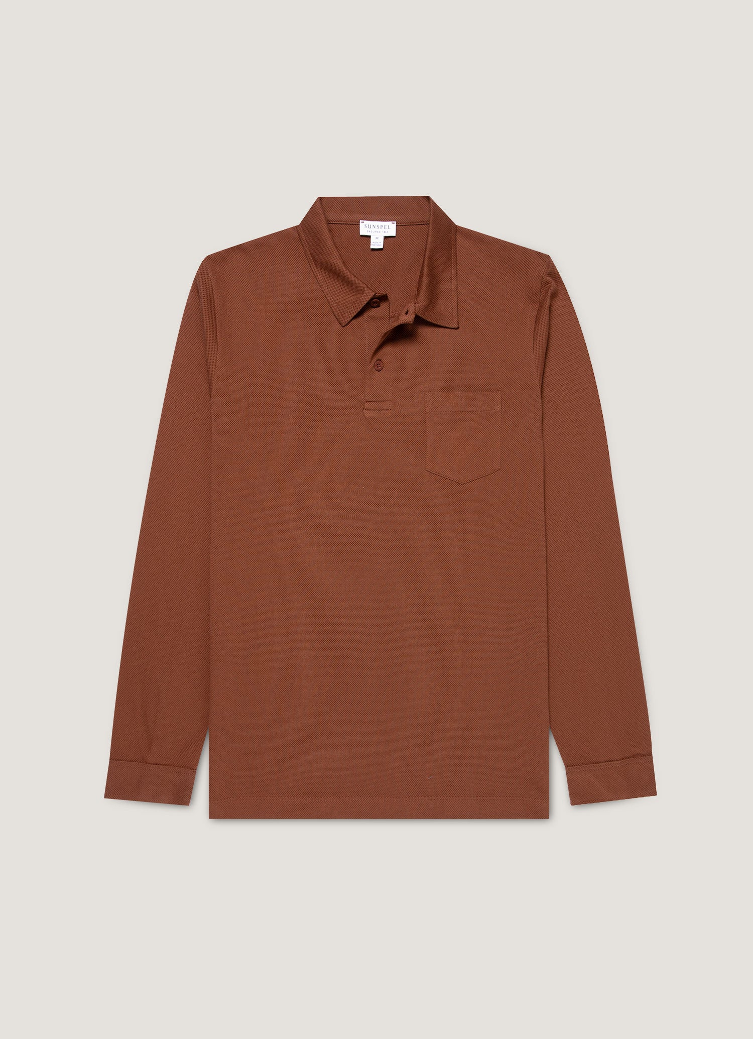 Men's Long Sleeve Riviera Polo Shirt in Conker Brown | Sunspel