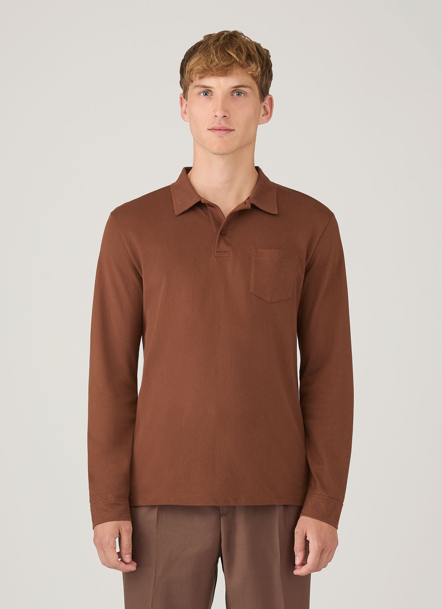 Men's Long Sleeve Riviera Polo Shirt in Conker Brown | Sunspel