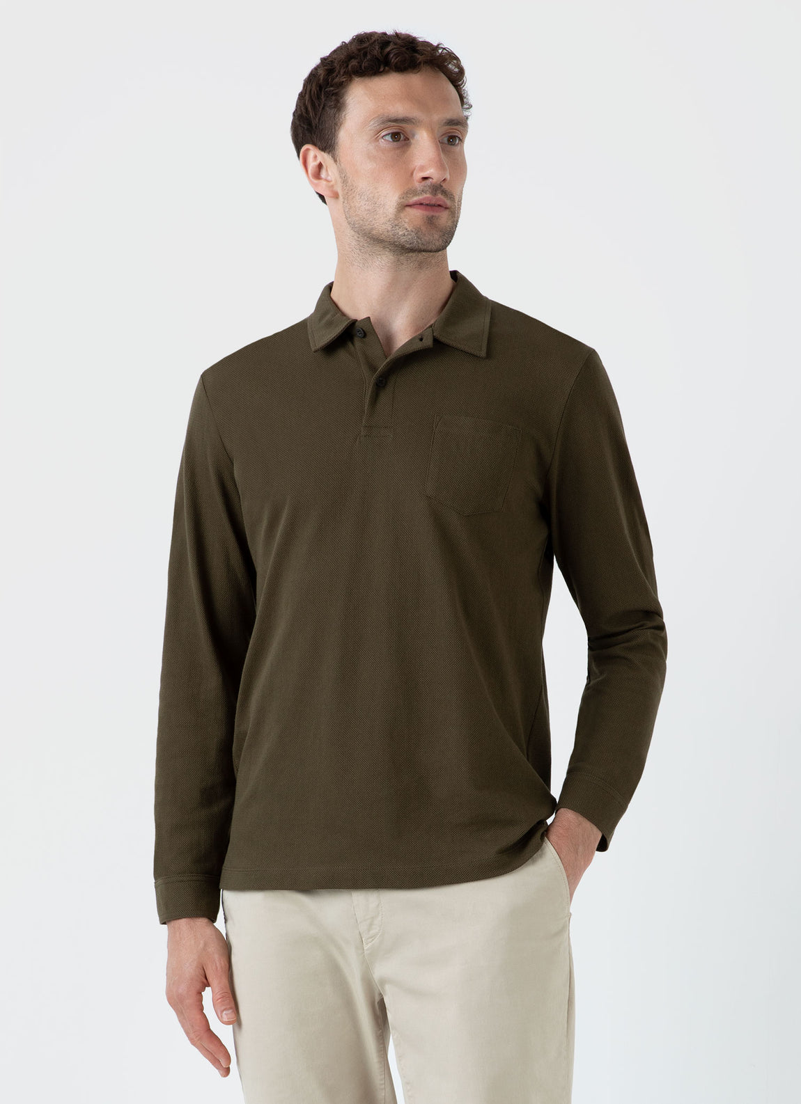 Men's Long Sleeve Riviera Polo Shirt in Dark Olive | Sunspel