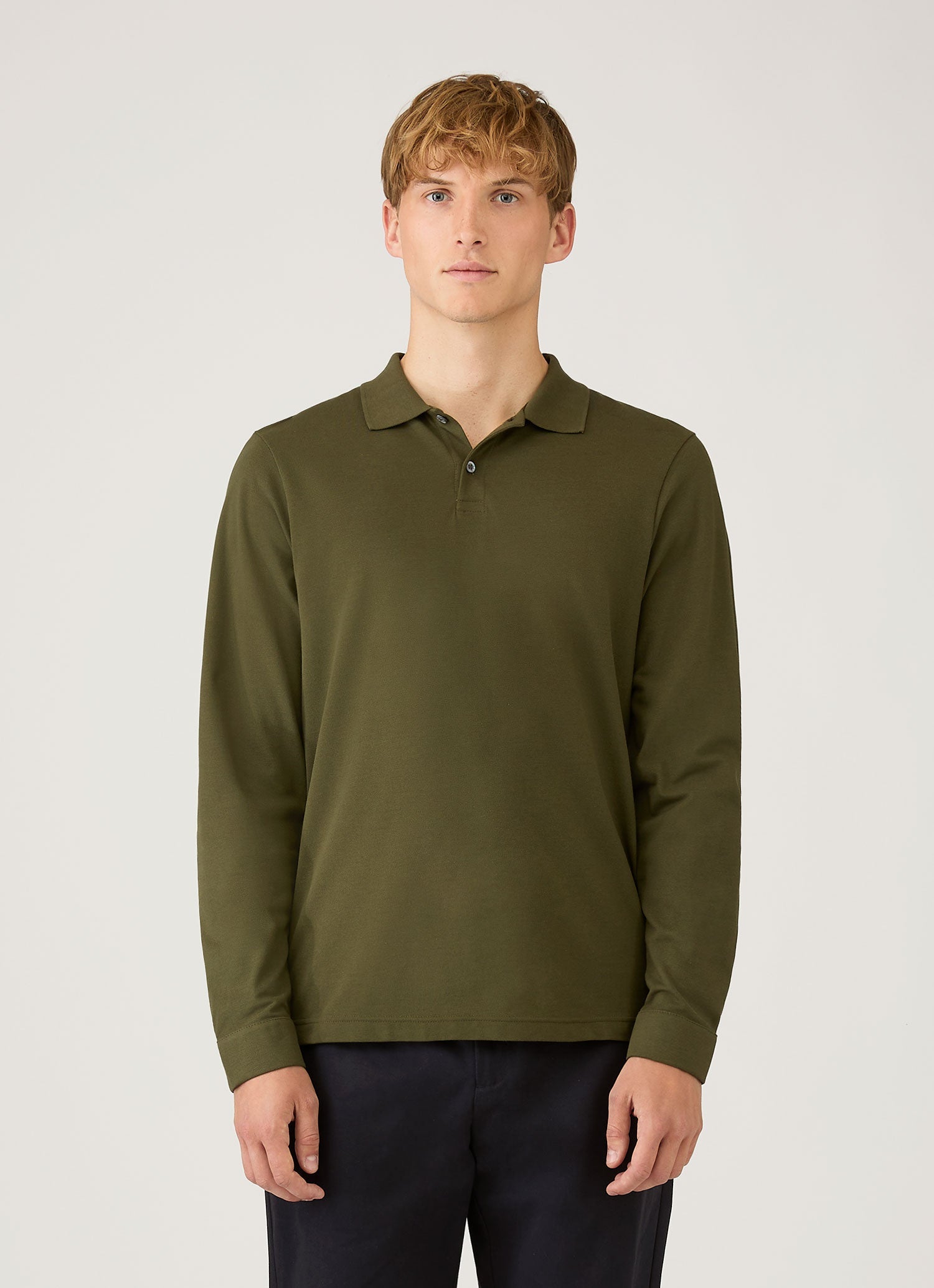 Men's Long Sleeve Piqué Polo Shirt in Deep Olive | Sunspel
