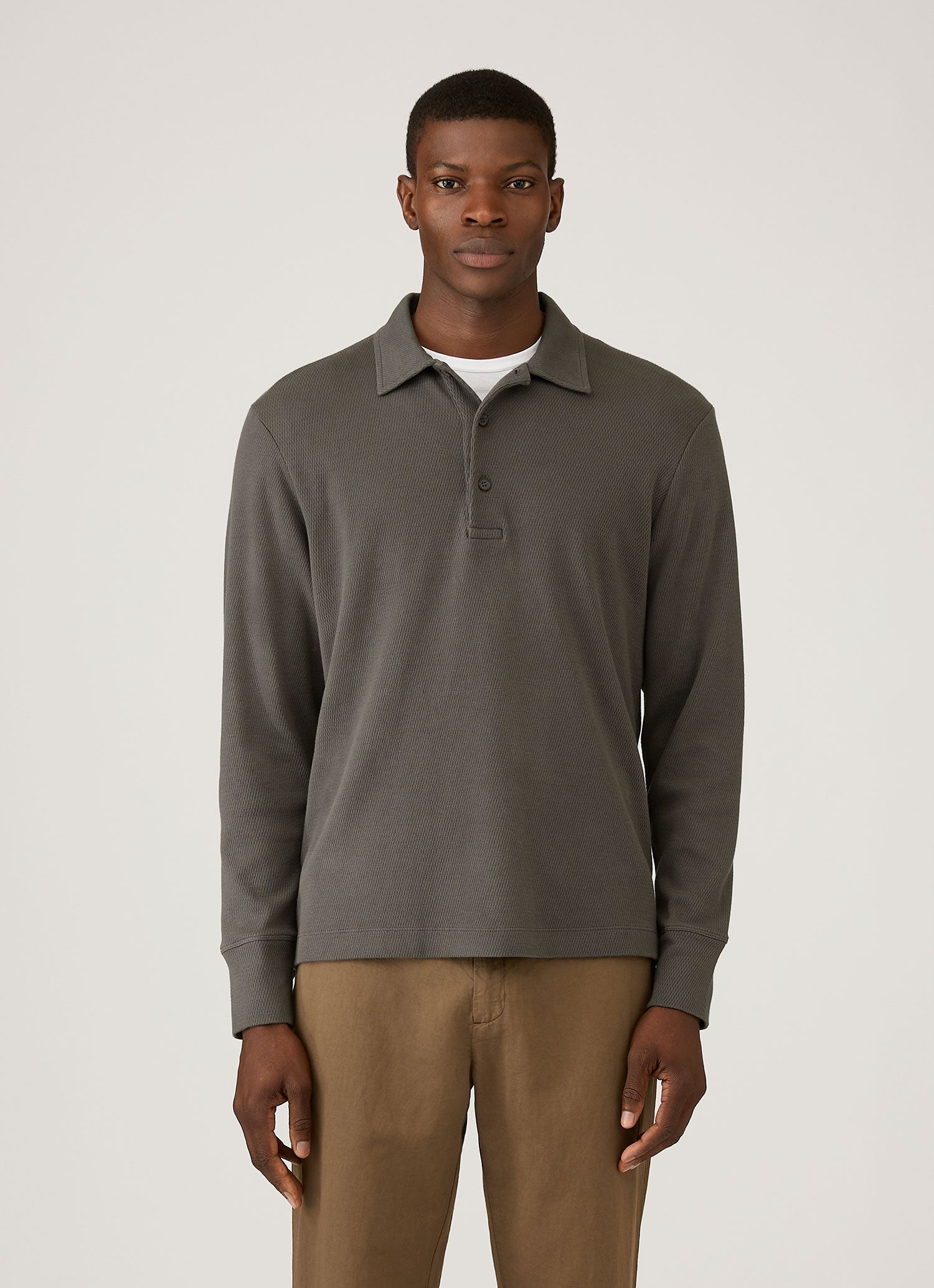 Men's Long Sleeve Cellulock Polo Shirt in Charcoal | Sunspel