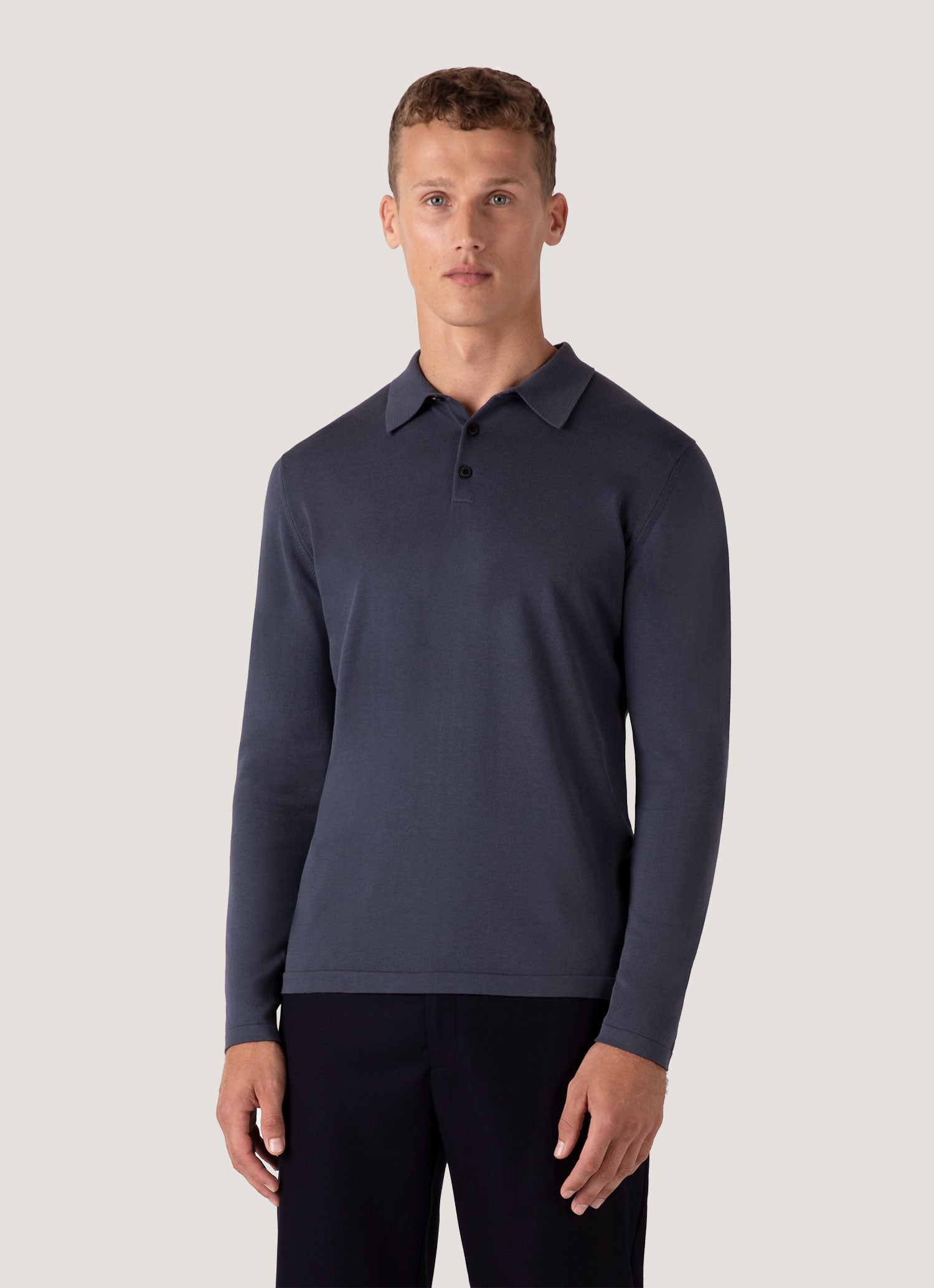 Men's Long Sleeve Sea Island Cotton Knit Polo Shirt in Slate Blue
