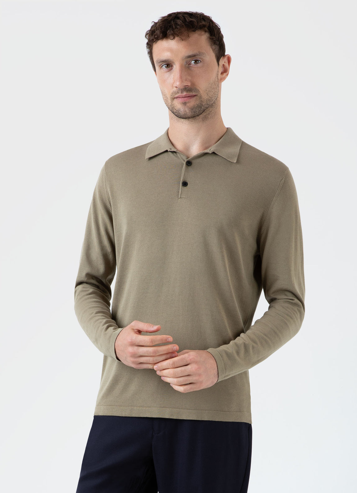 Men's Long Sleeve Sea Island Cotton Polo Shirt in Dark Stone | Sunspel