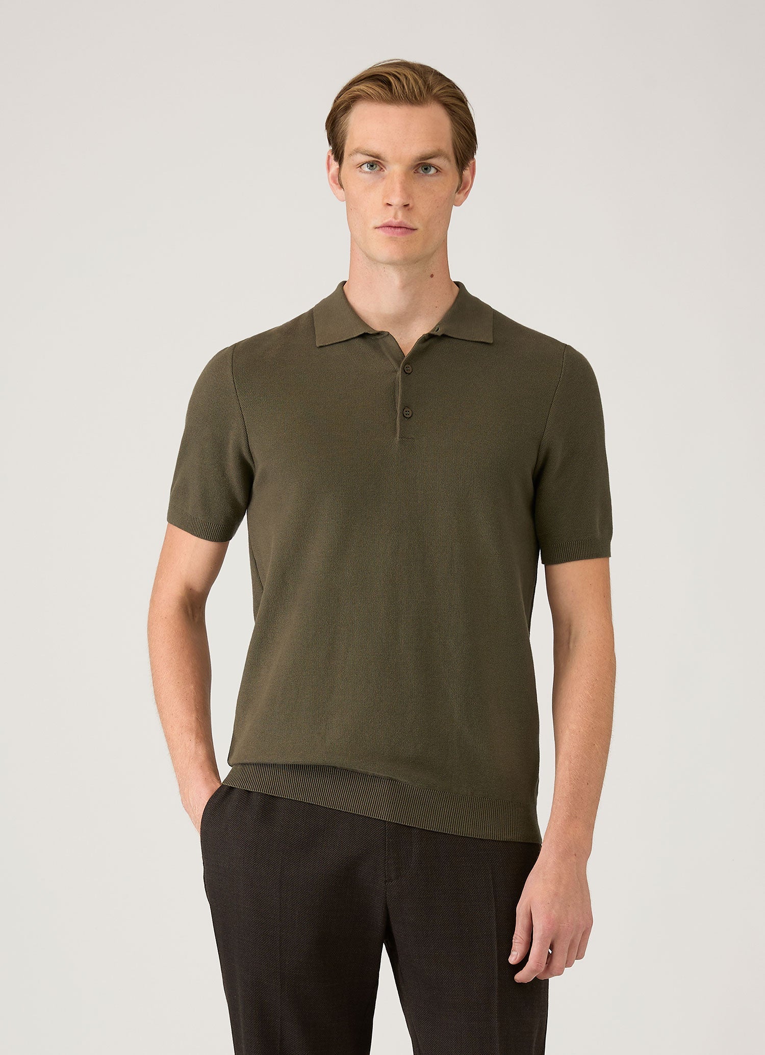 Men's Cotton Knit Polo Shirt in Khaki | Sunspel
