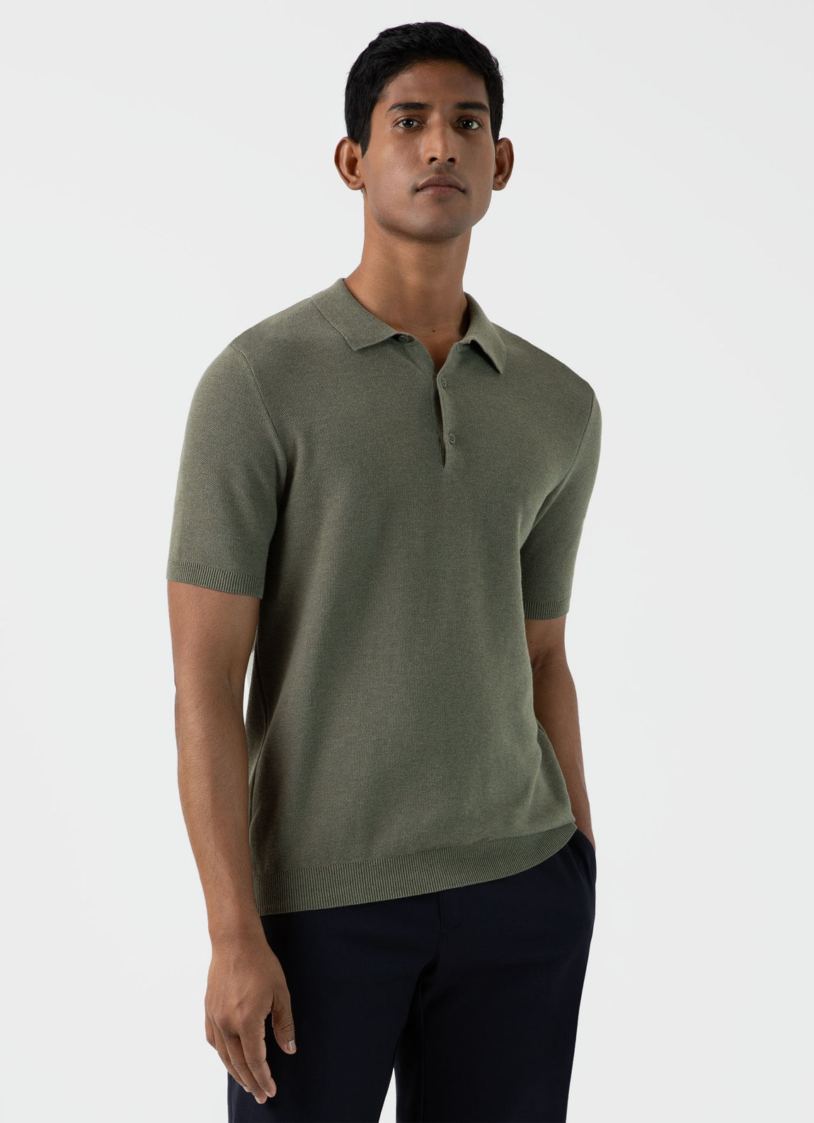 Men's Knit Polo Shirt in Pale Khaki Melange | Sunspel
