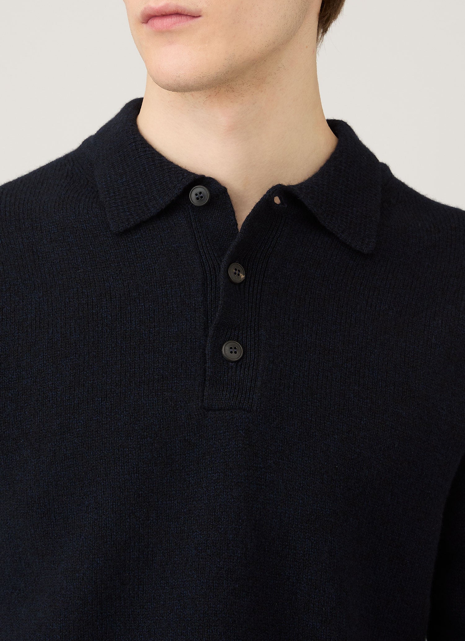 Men's Lambswool Knitted Polo Shirt in Dark Navy Mouline | Sunspel