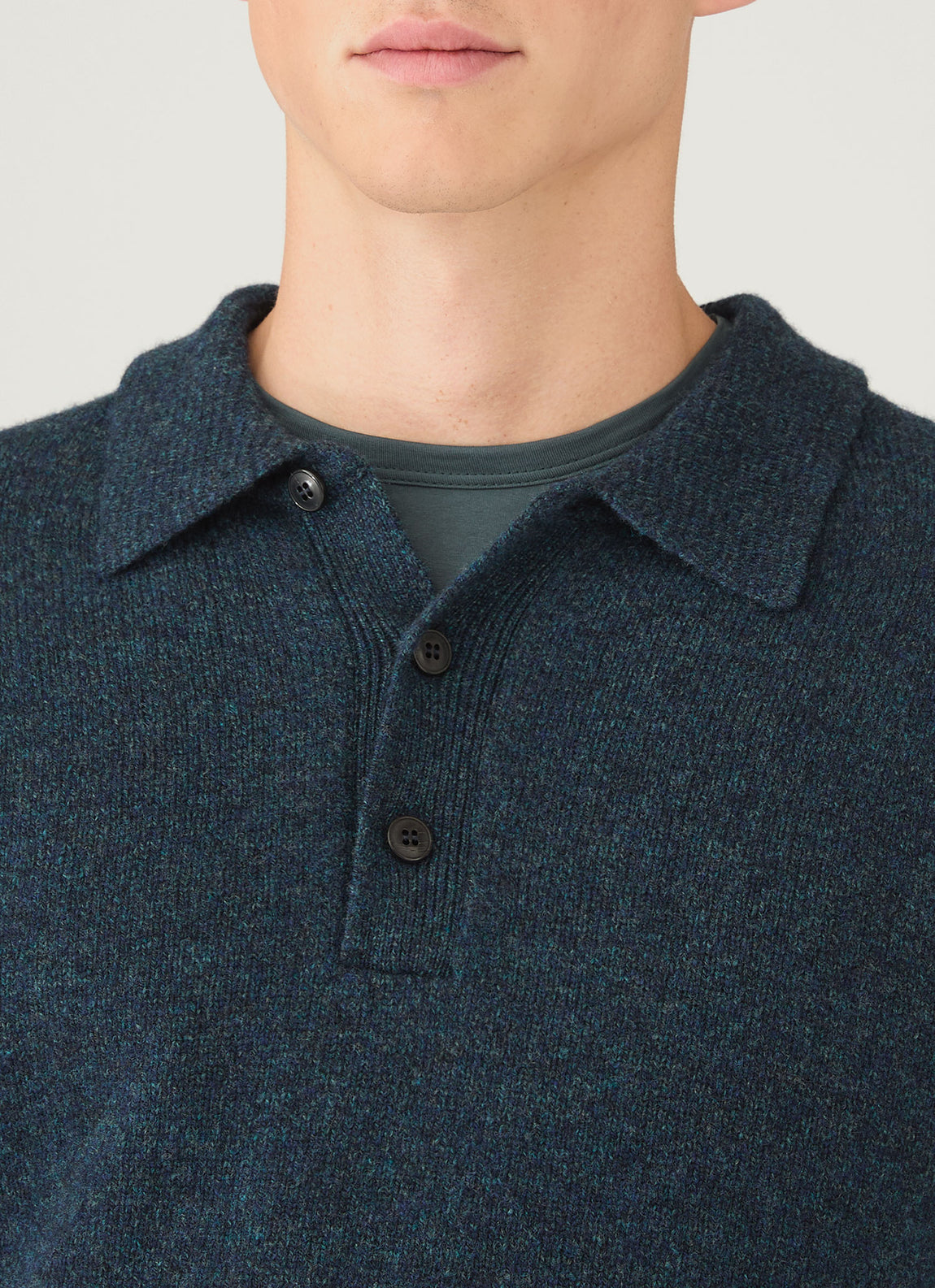Men's Lambswool Knitted Polo Shirt in Dark Petrol Twist