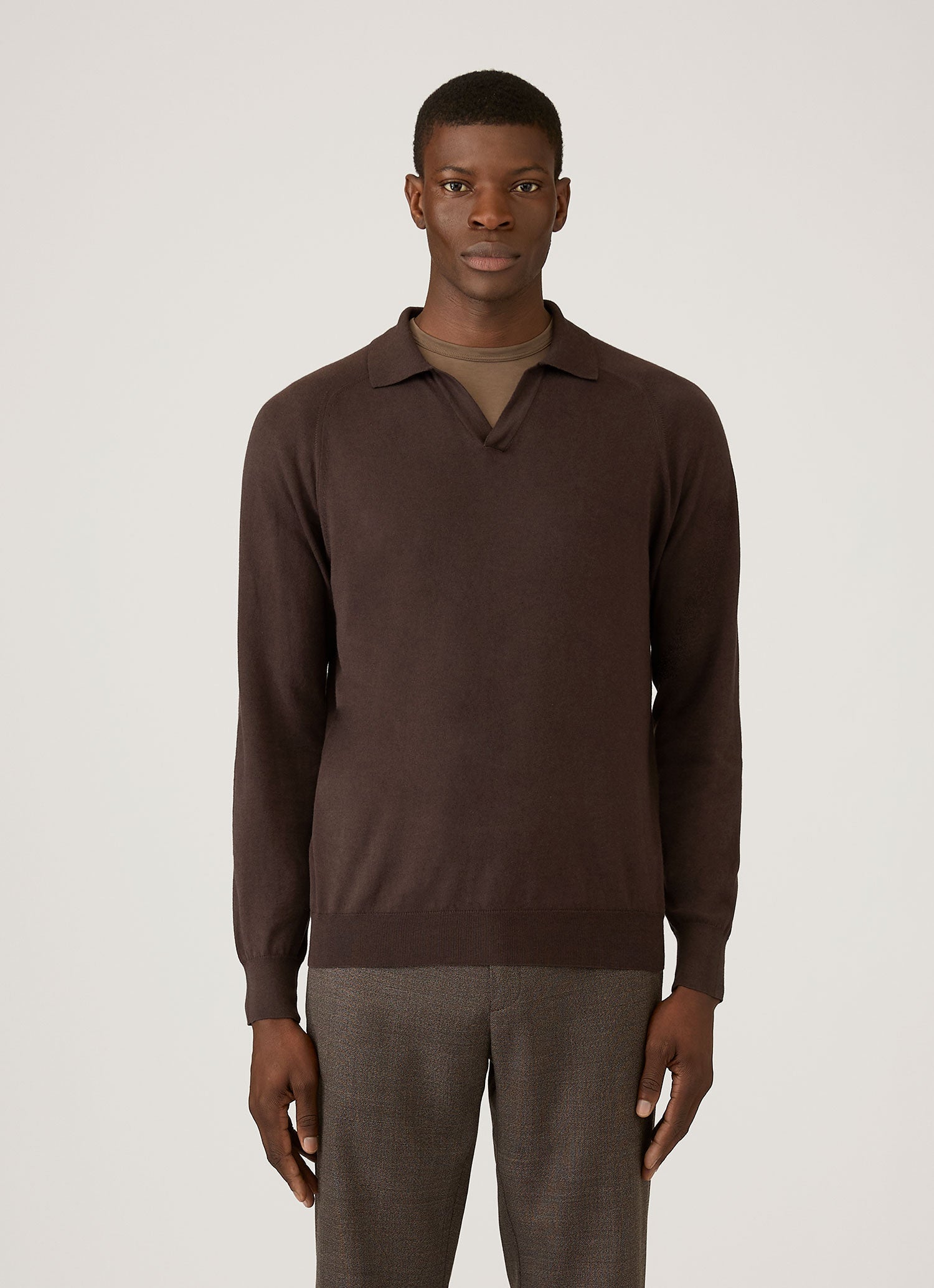 Men's Sea Island Cashmere Knitted Polo in Dark Chocolate | Sunspel