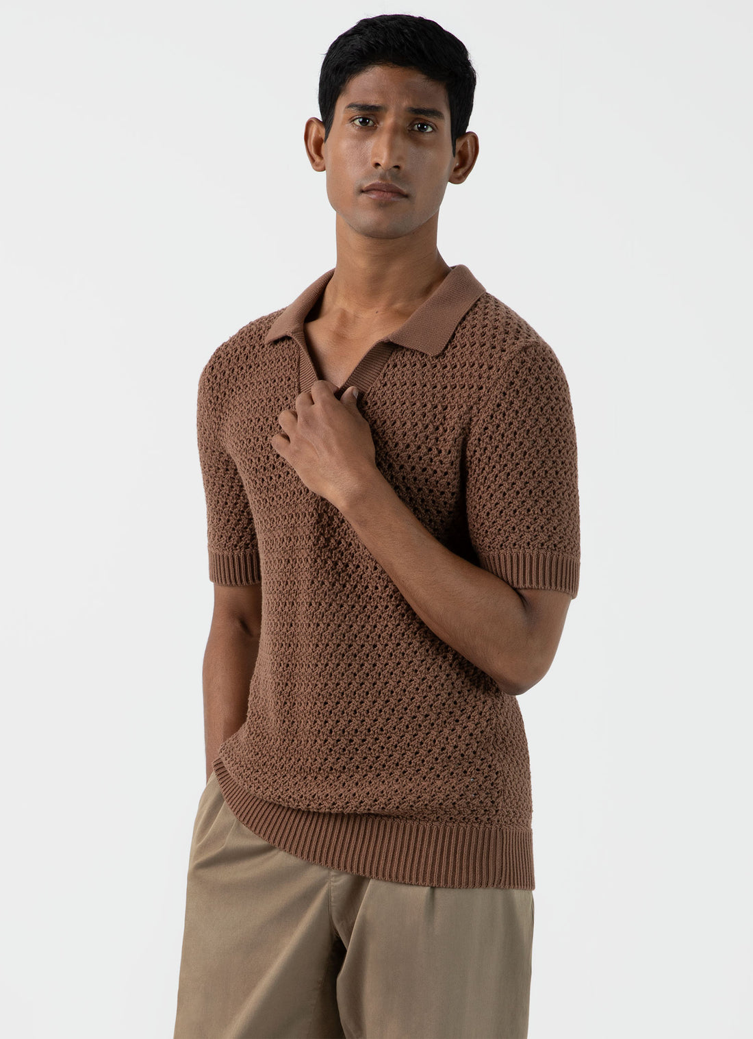 Men's Open Stitch Polo Shirt in Brown