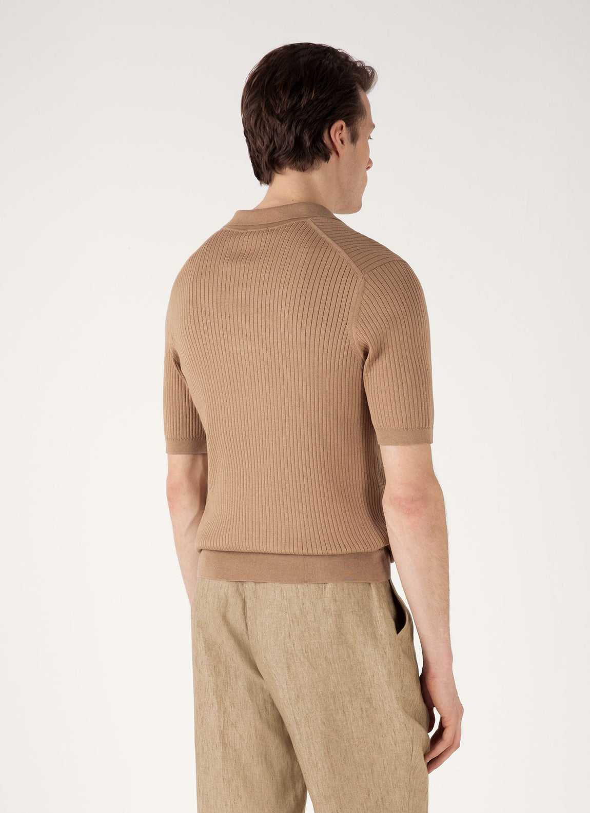 Men's Fine Rib Silk Cotton Polo Shirt in Dune