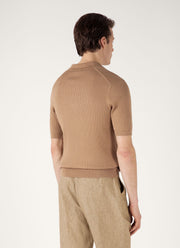 Men's Fine Rib Silk Cotton Polo Shirt in Dune